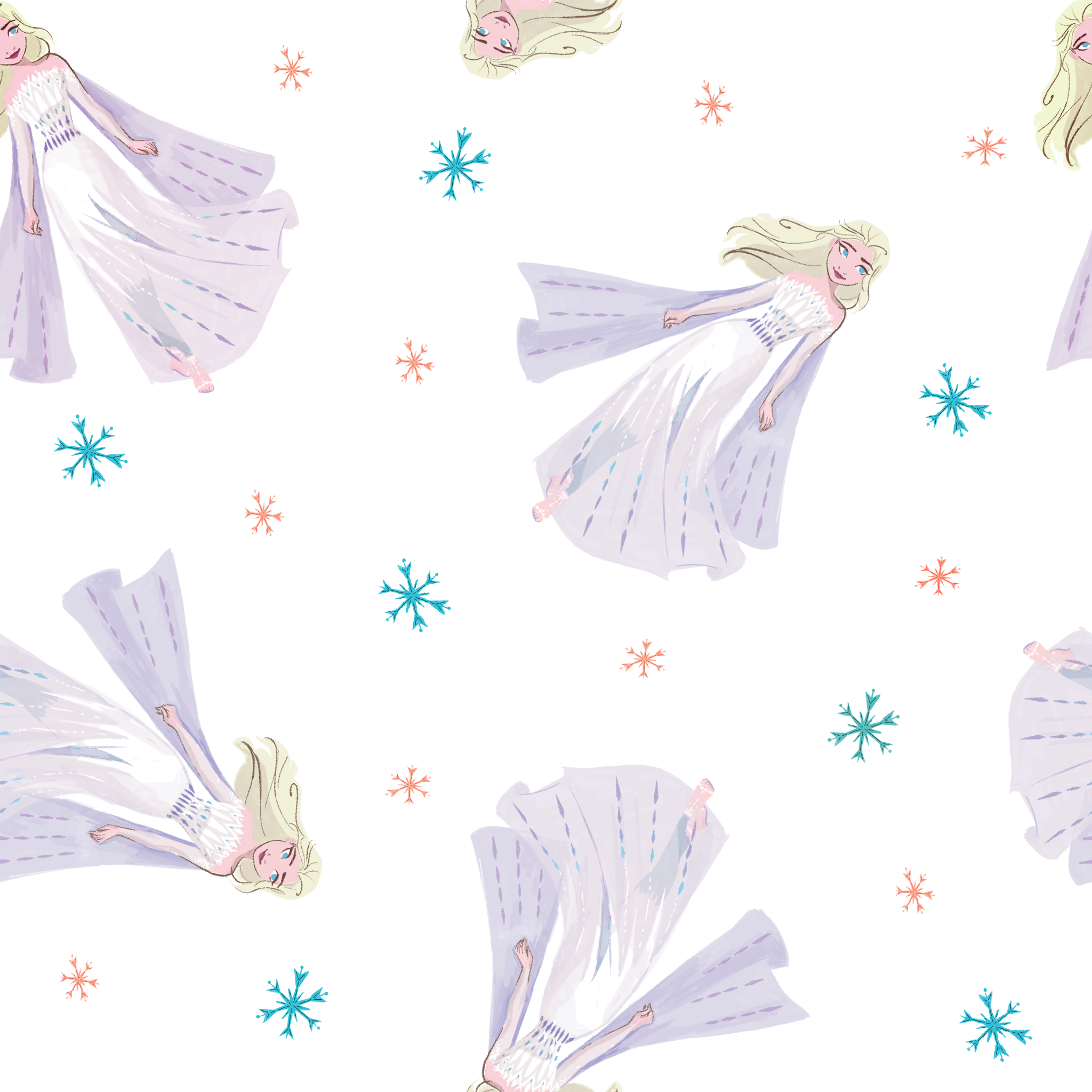 Whimsical pattern of Elsa with colorful snowflakes on white background tiled preview square