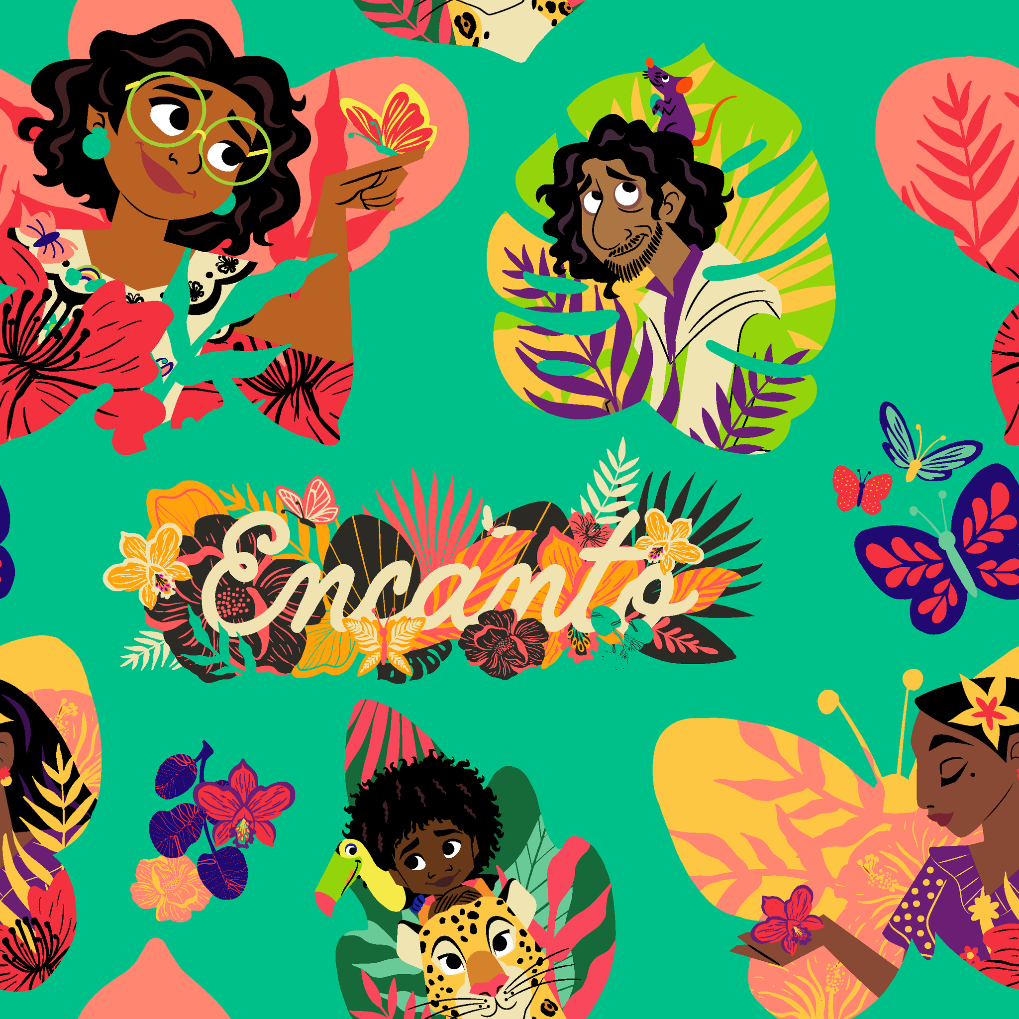 Colorful illustration with characters, butterflies, and tropical leaves on turquoise background with "Encanto" text tiled preview square