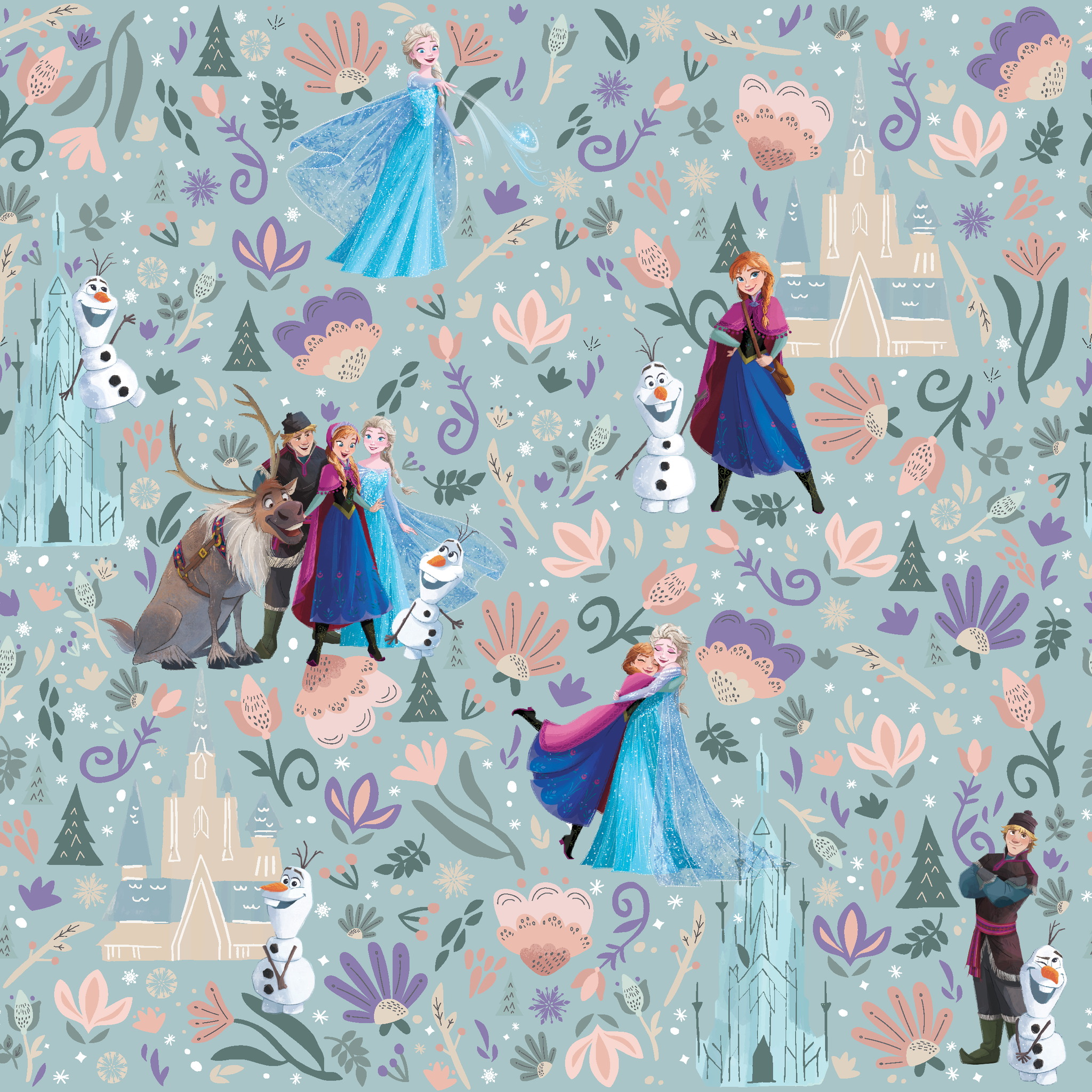 Frozen-themed pattern with the iconic characters, snowmen, flowers, and swirls on a light blue background tiled preview square
