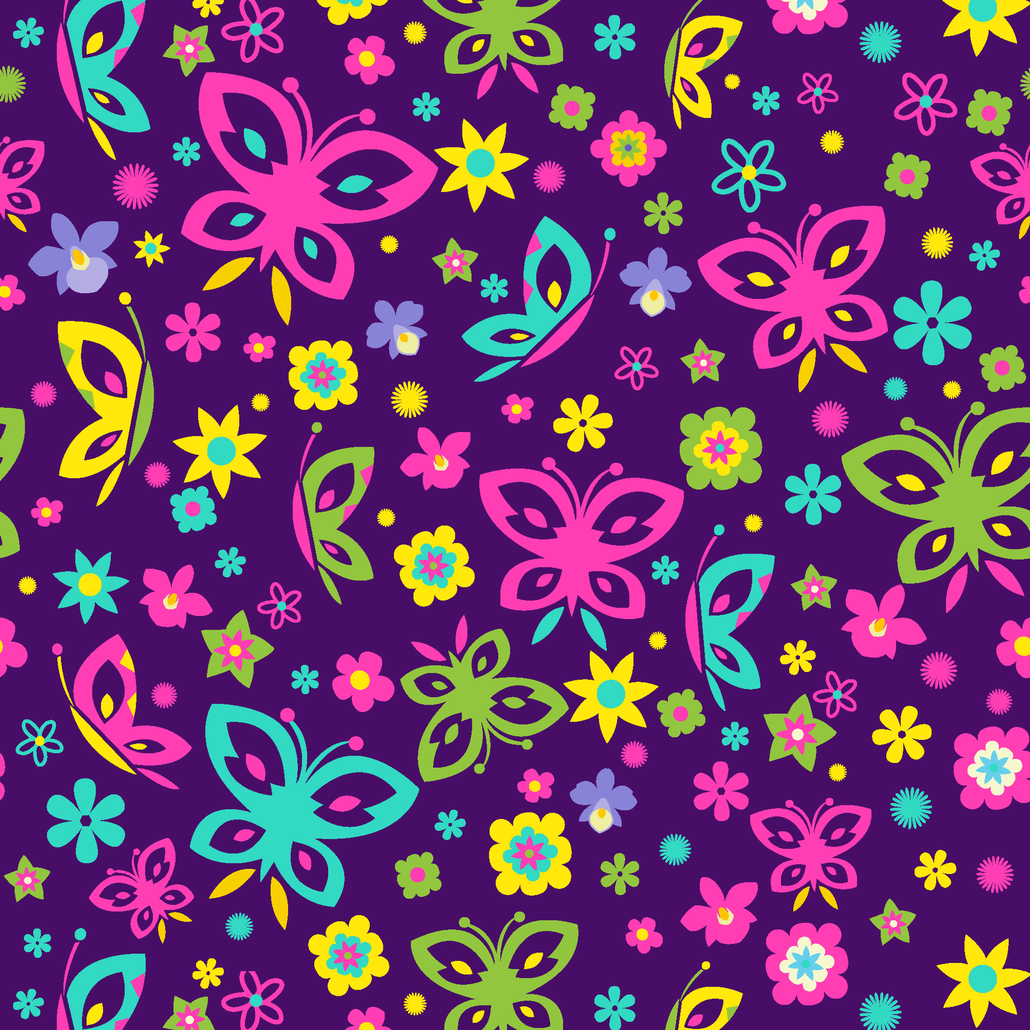 Colorful butterfly and flower pattern on purple background with pink, blue, green, and yellow designs tiled preview square