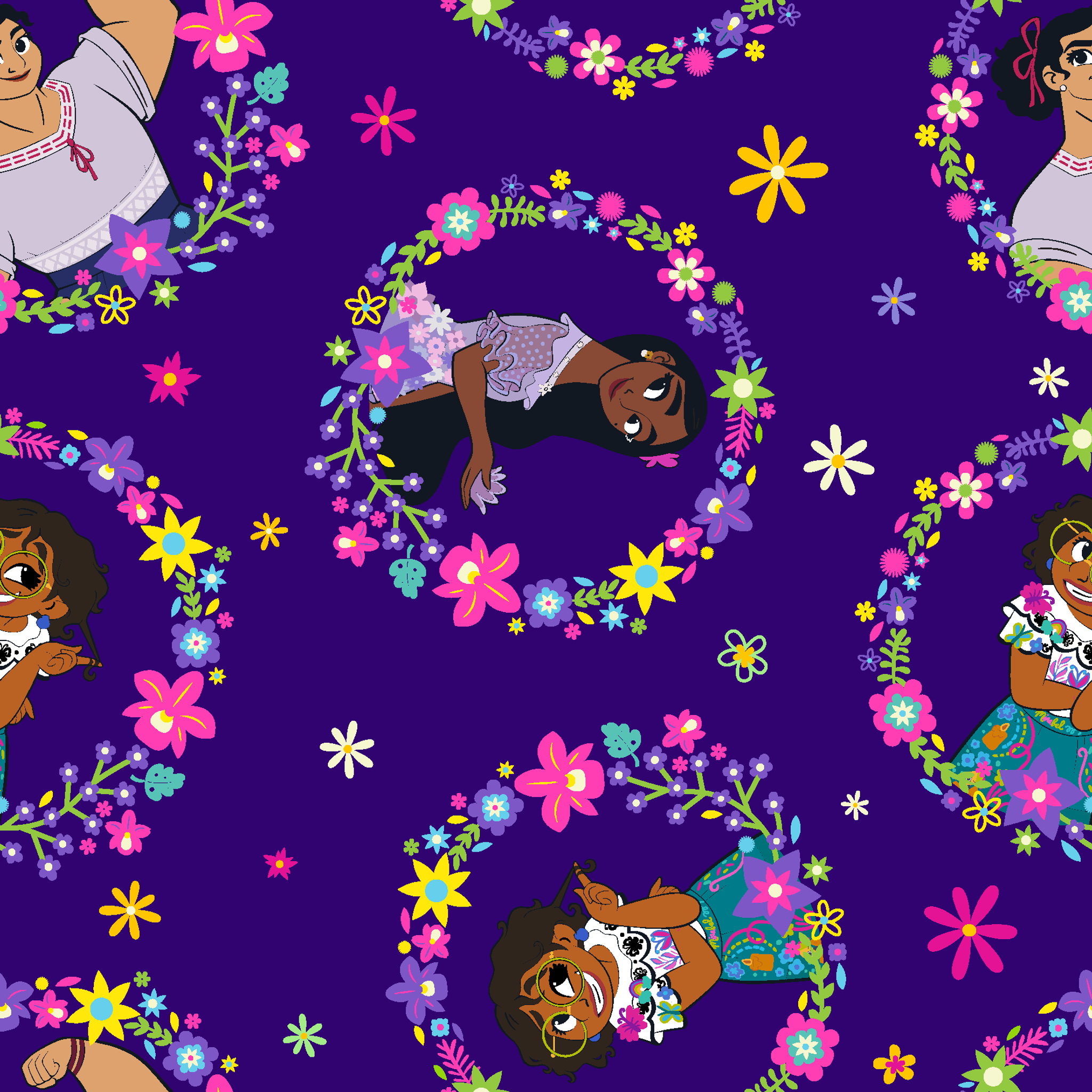 Colorful cartoon characters in floral wreaths pattern on deep purple background with stars tiled preview square