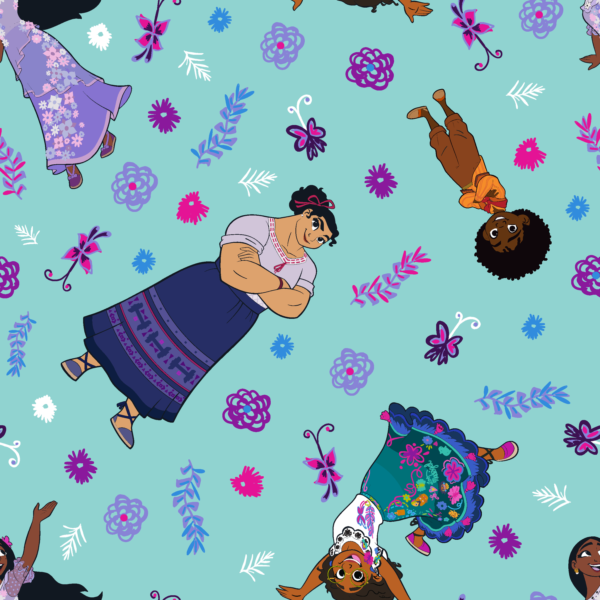 Colorful pattern with figures in traditional clothing, butterflies, and floral elements on teal background tiled preview square