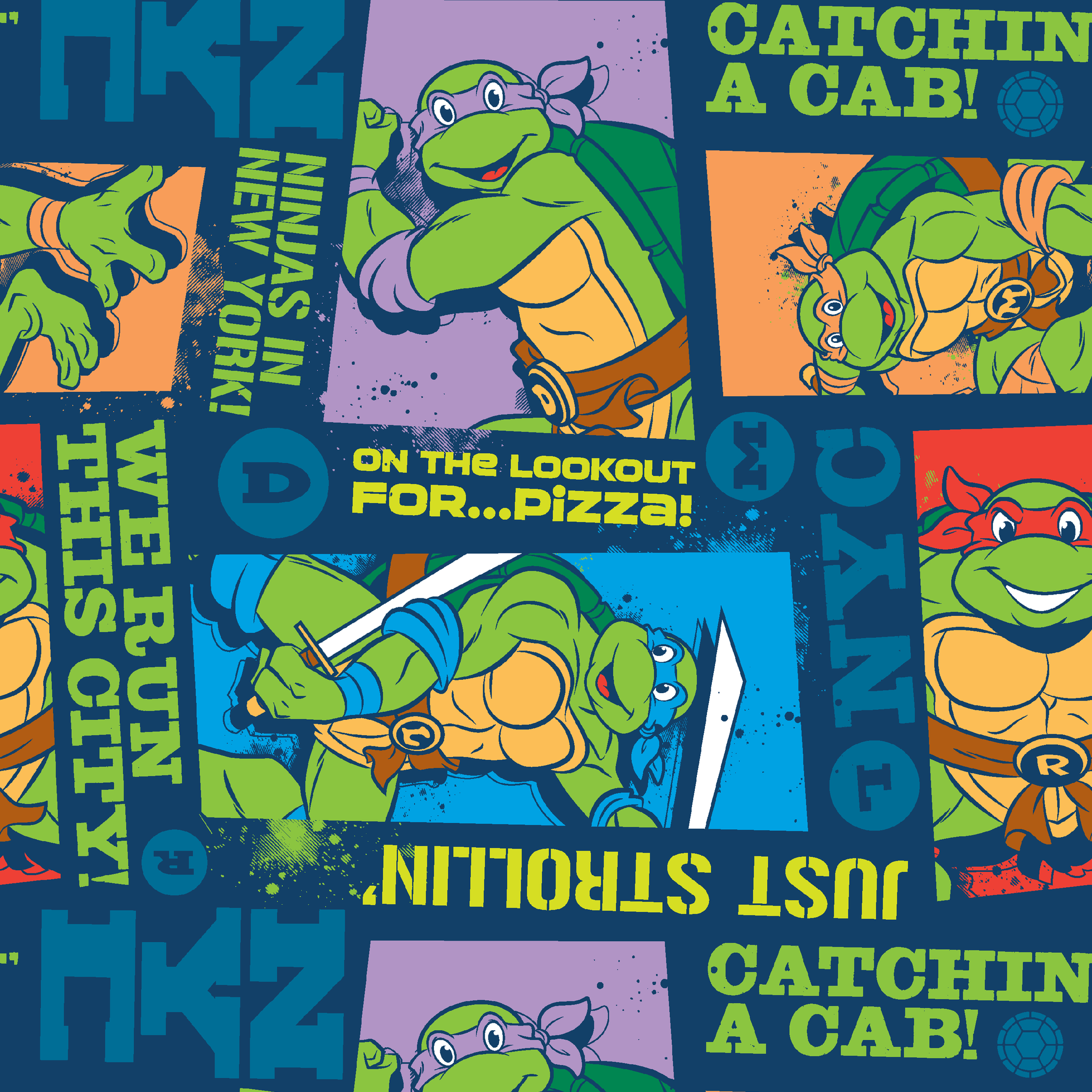 Teenage Mutant Ninja Turtles comic-style panels with characters in action poses and phrases like "Catchin' a Cab!" and "On the Lookout for Pizza! tiled preview square