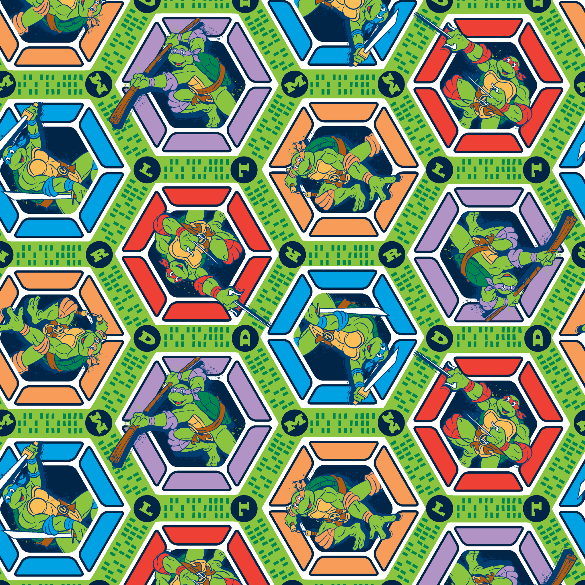 Colorful hexagonal pattern with Teenage Mutant Ninja Turtles and green text strips on blue background tiled preview square