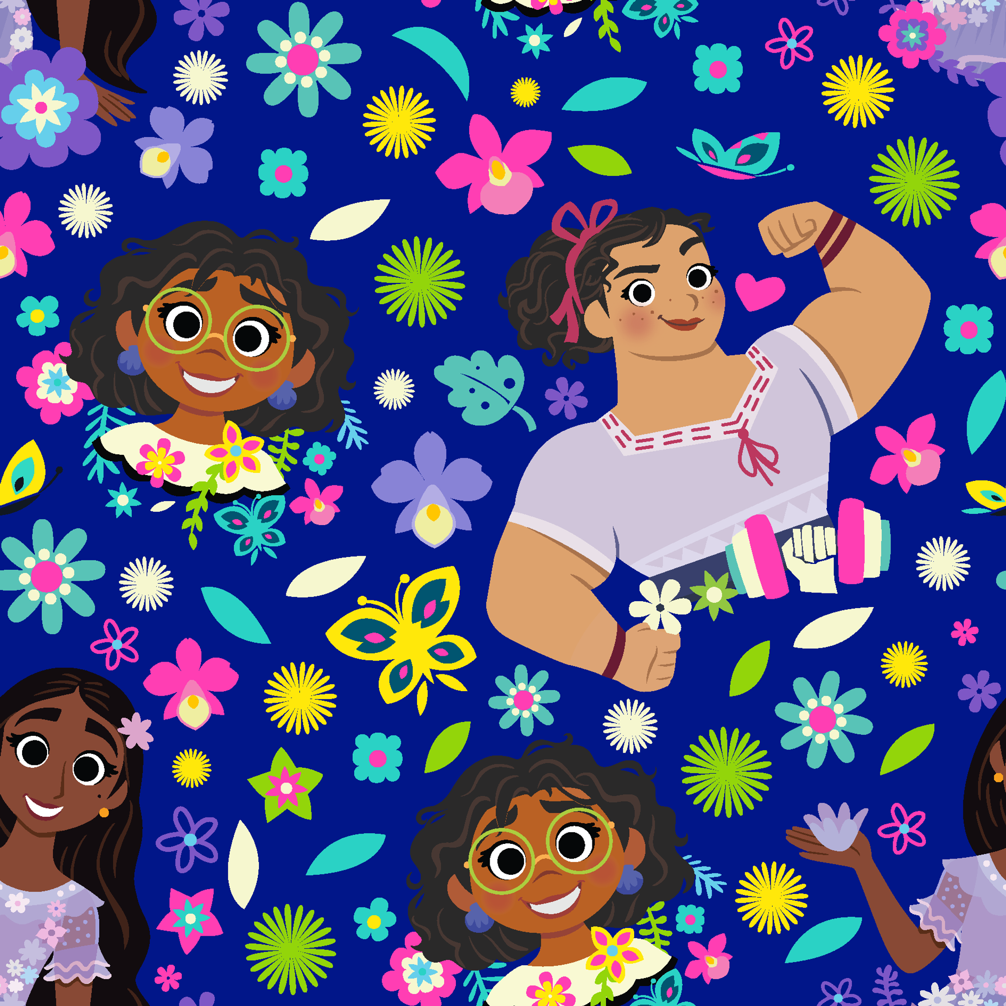 Colorful cartoon characters surrounded by bright flowers on vibrant blue background tiled preview square