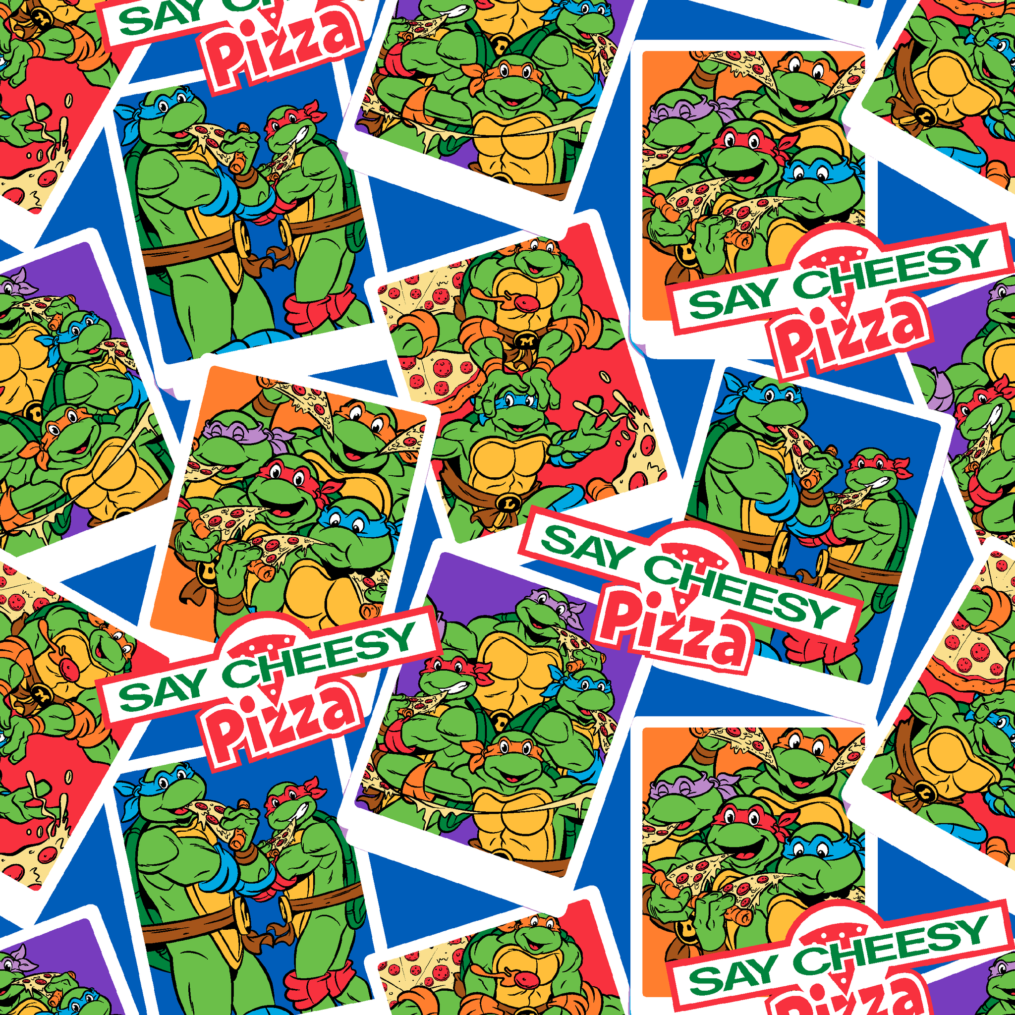 Colorful collage of Teenage Mutant Ninja Turtles cartoon characters with "Say Cheesy Pizza" text on vibrant background tiled preview square