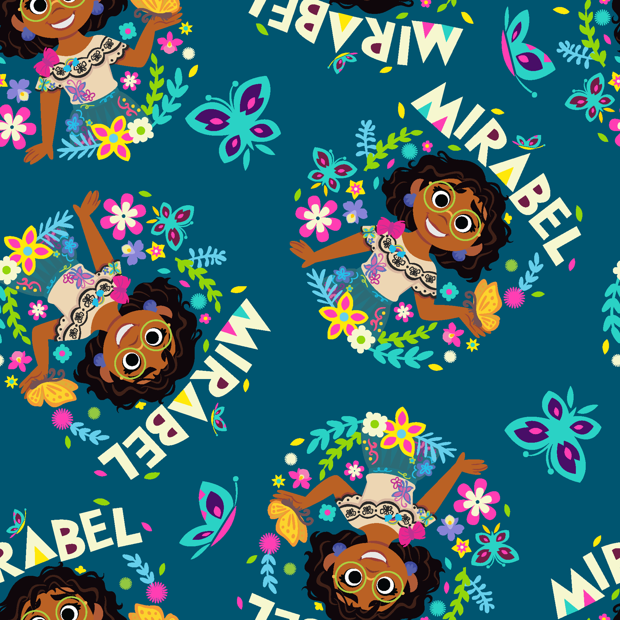 Colorful cartoon pattern on teal background featuring characters, butterflies, flowers, and "Mirabel" text in repeating design tiled preview square
