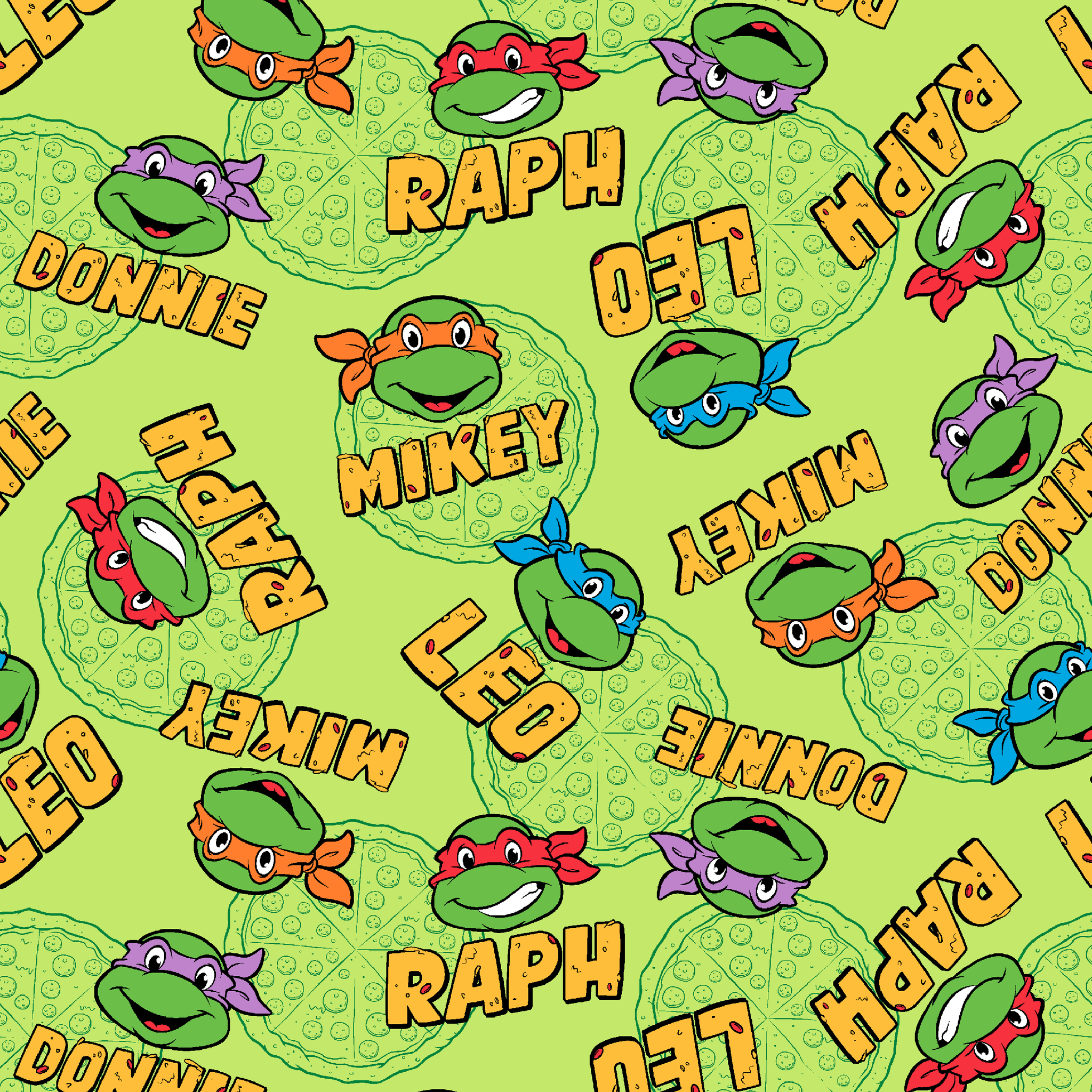 Teenage Mutant Ninja Turtles pattern with cartoon faces, names, and colorful masks on green background tiled preview square