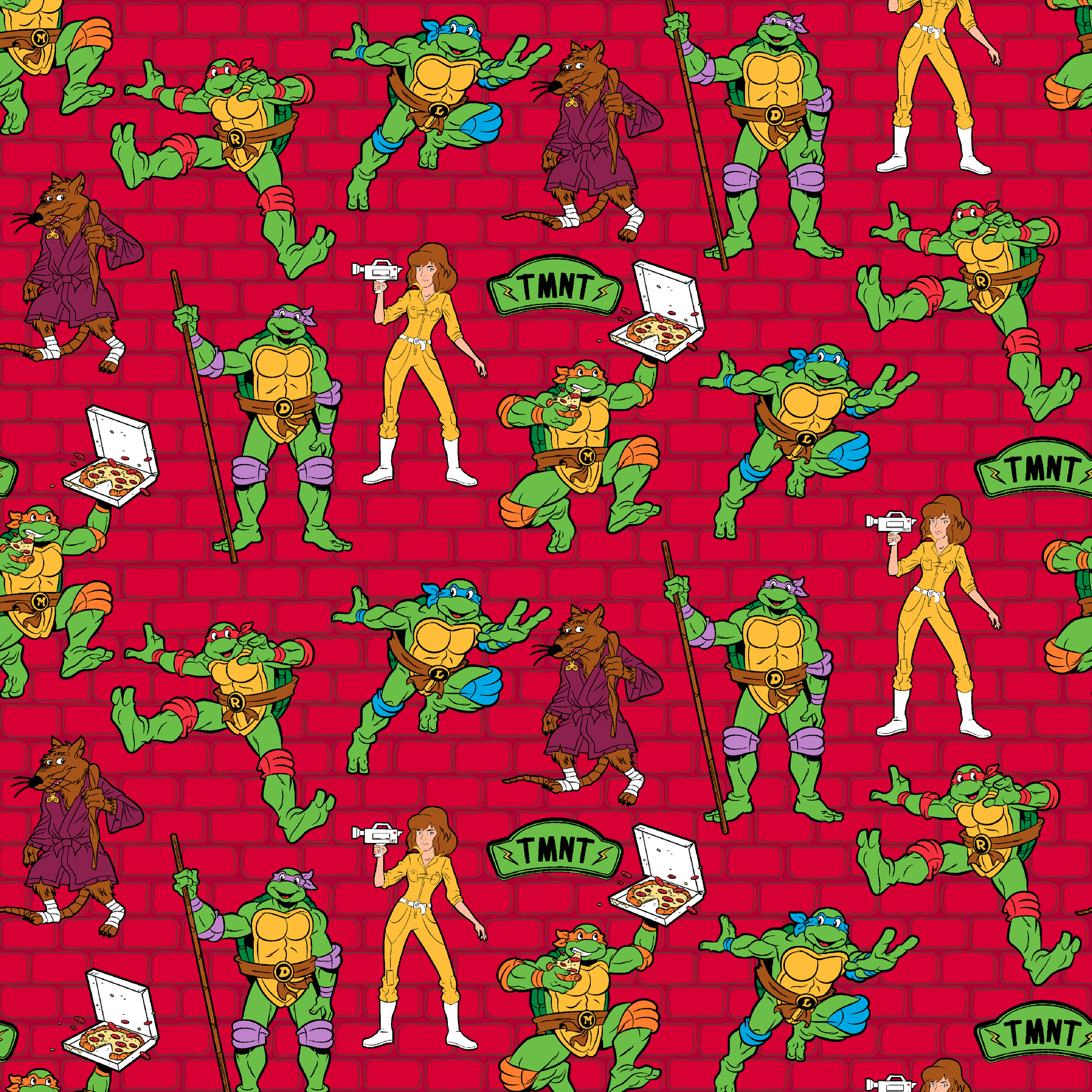 Teenage Mutant Ninja Turtles pattern on red background with green turtle characters in action poses tiled preview square