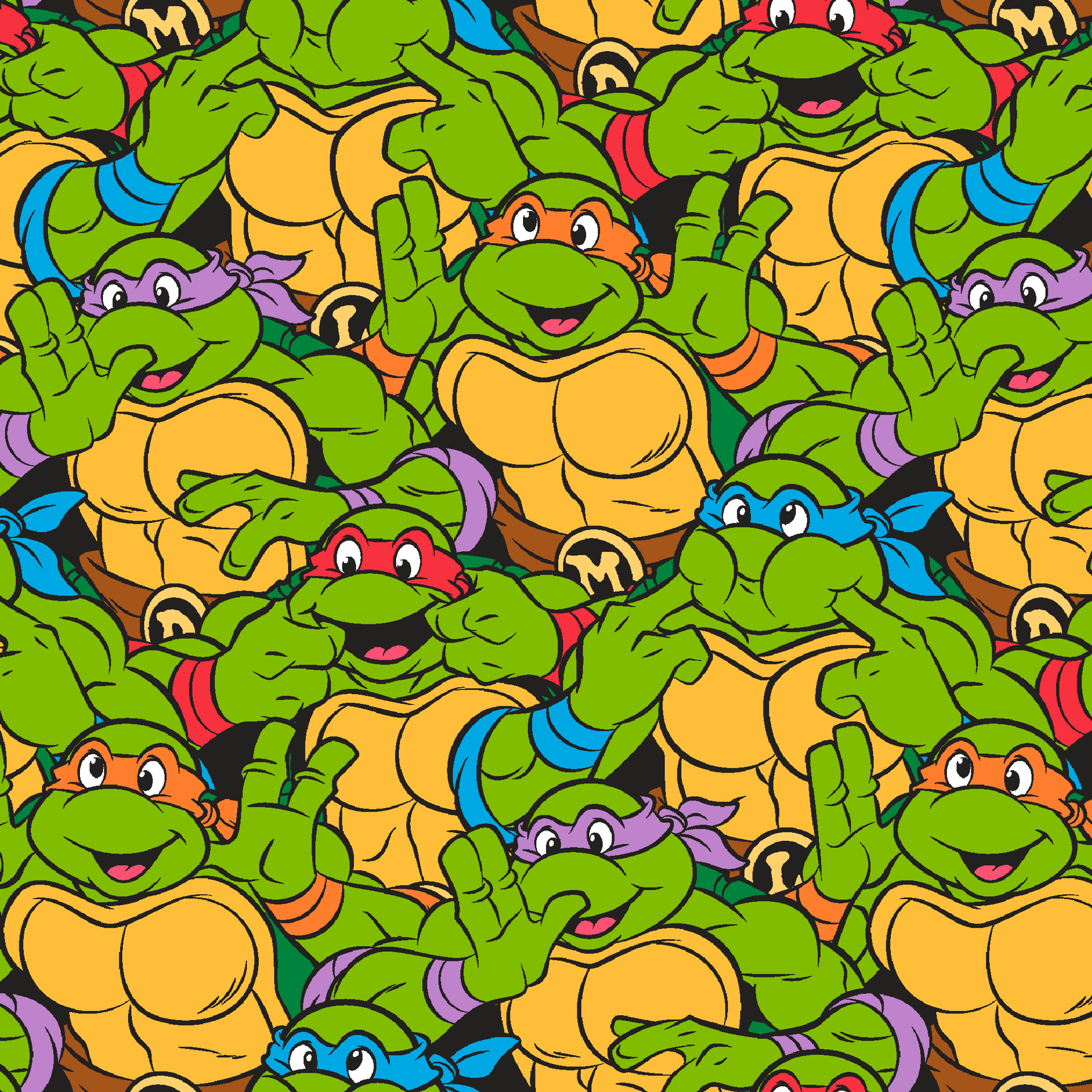 Colorful pattern of cartoon Teenage Mutant Ninja Turtles with green skin and yellow shells tiled preview square