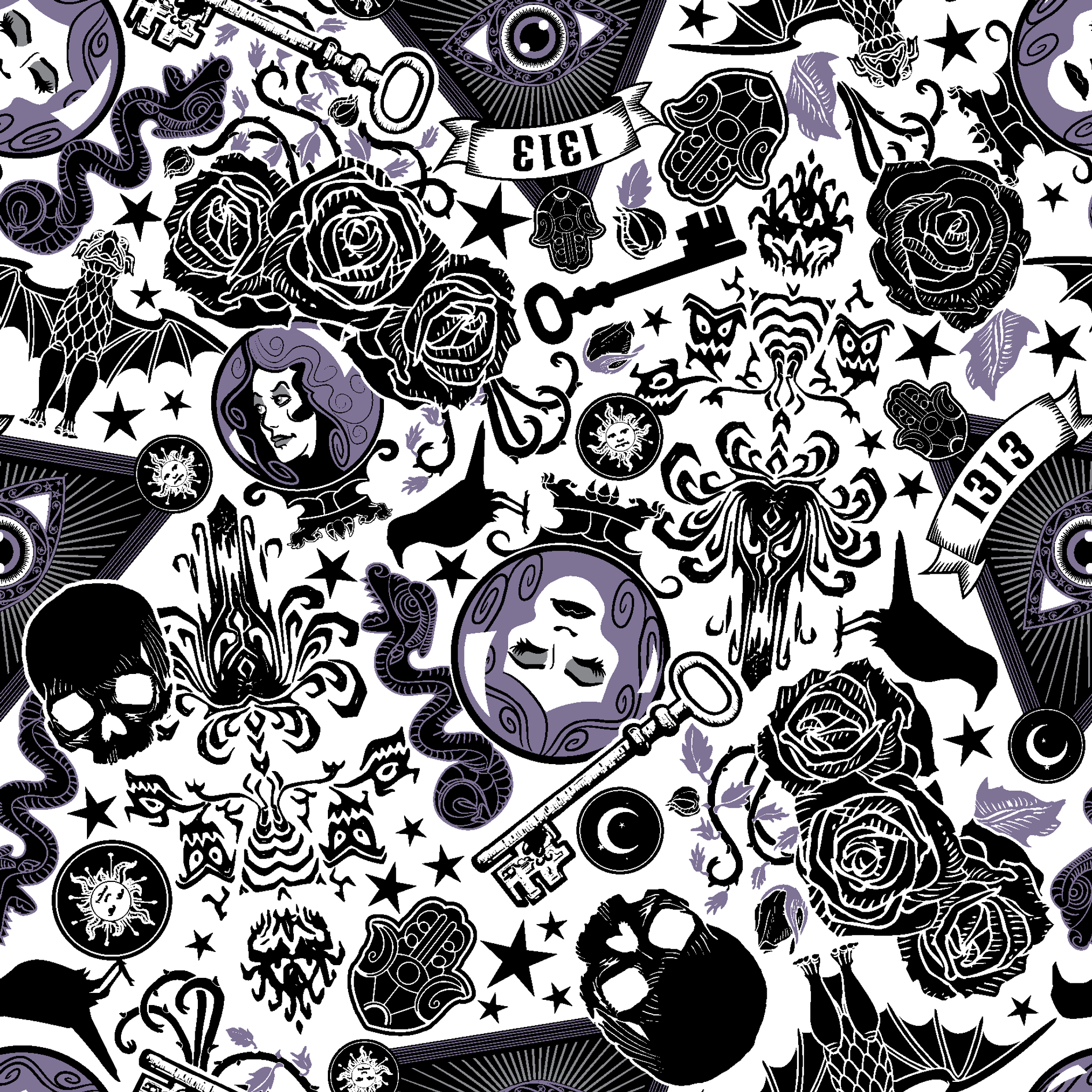 Gothic-inspired pattern with roses, medallions, ravens, and Victorian motifs in black and purple tiled preview square