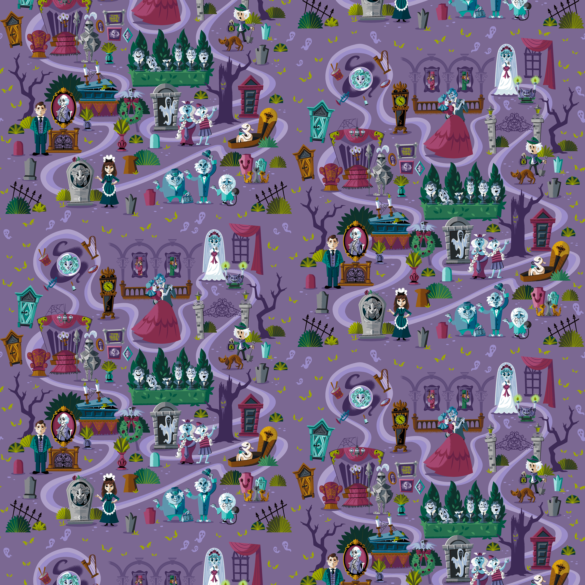 Colorful cartoon map of a spooky Halloween town with purple paths, ghosts, skeletons, and haunted houses. tiled preview square
