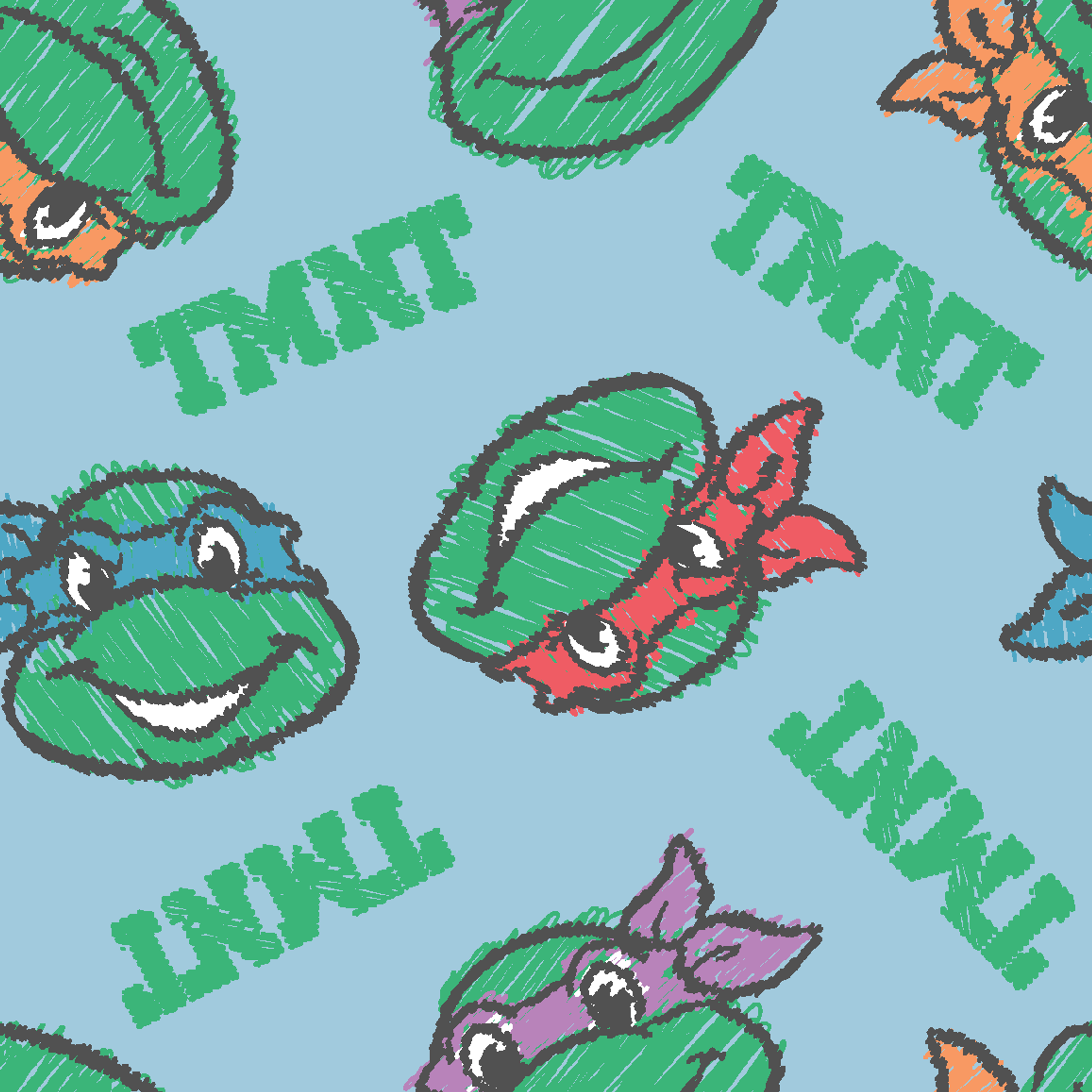 Cartoon pattern of Teenage Mutant Ninja Turtles faces with colored masks on light blue background tiled preview square