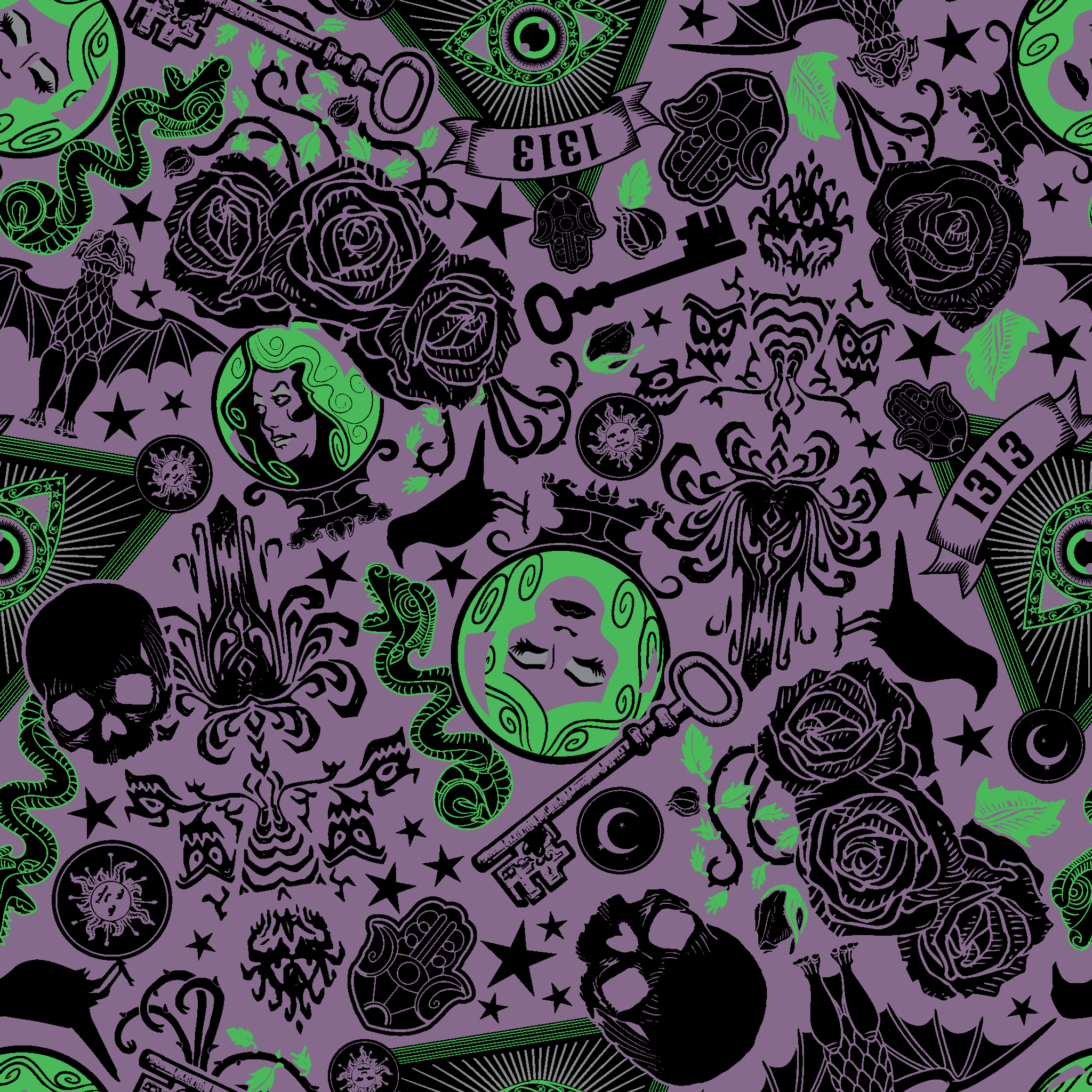 A dark purple background with gothic imagery in black and neon green featuring mystical elements including roses, celestial symbols, eyes, hands, and ornate decorative patterns. tiled preview square