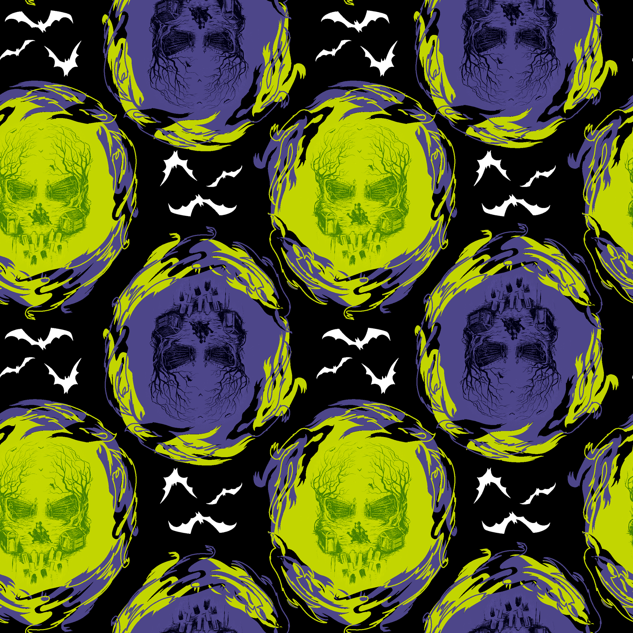 Repeating pattern of neon green and purple skulls with swirling effects on black background with white bats tiled preview square