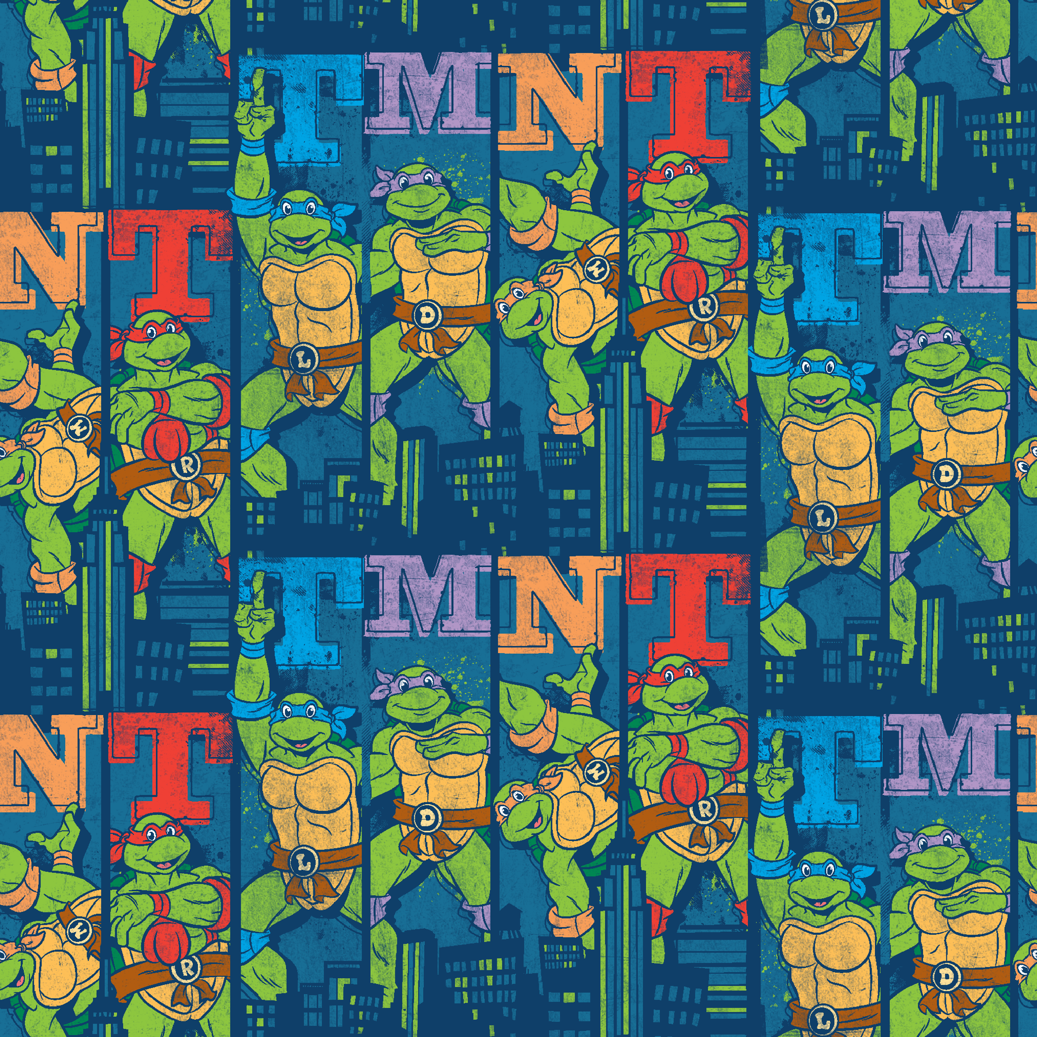 Colorful Teenage Mutant Ninja Turtles cartoon pattern with characters and "TMNT" text on blue cityscape background tiled preview square