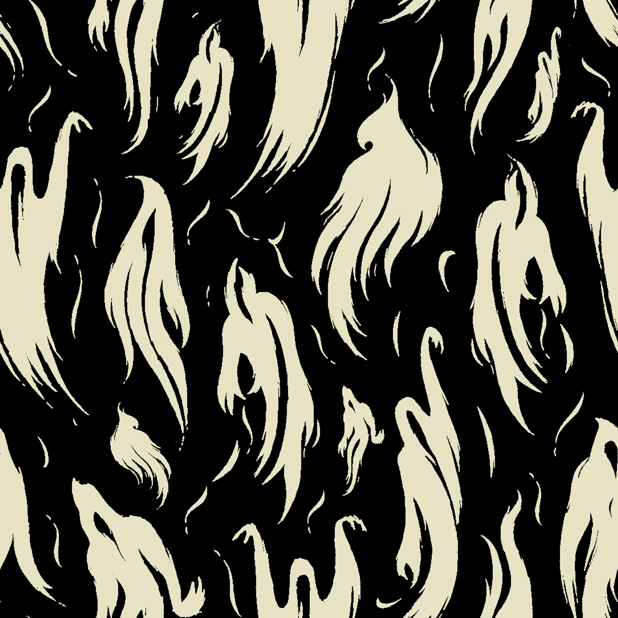 Abstract ghost-like shapes in pale cream swirling against a black background in a repeating pattern tiled preview square