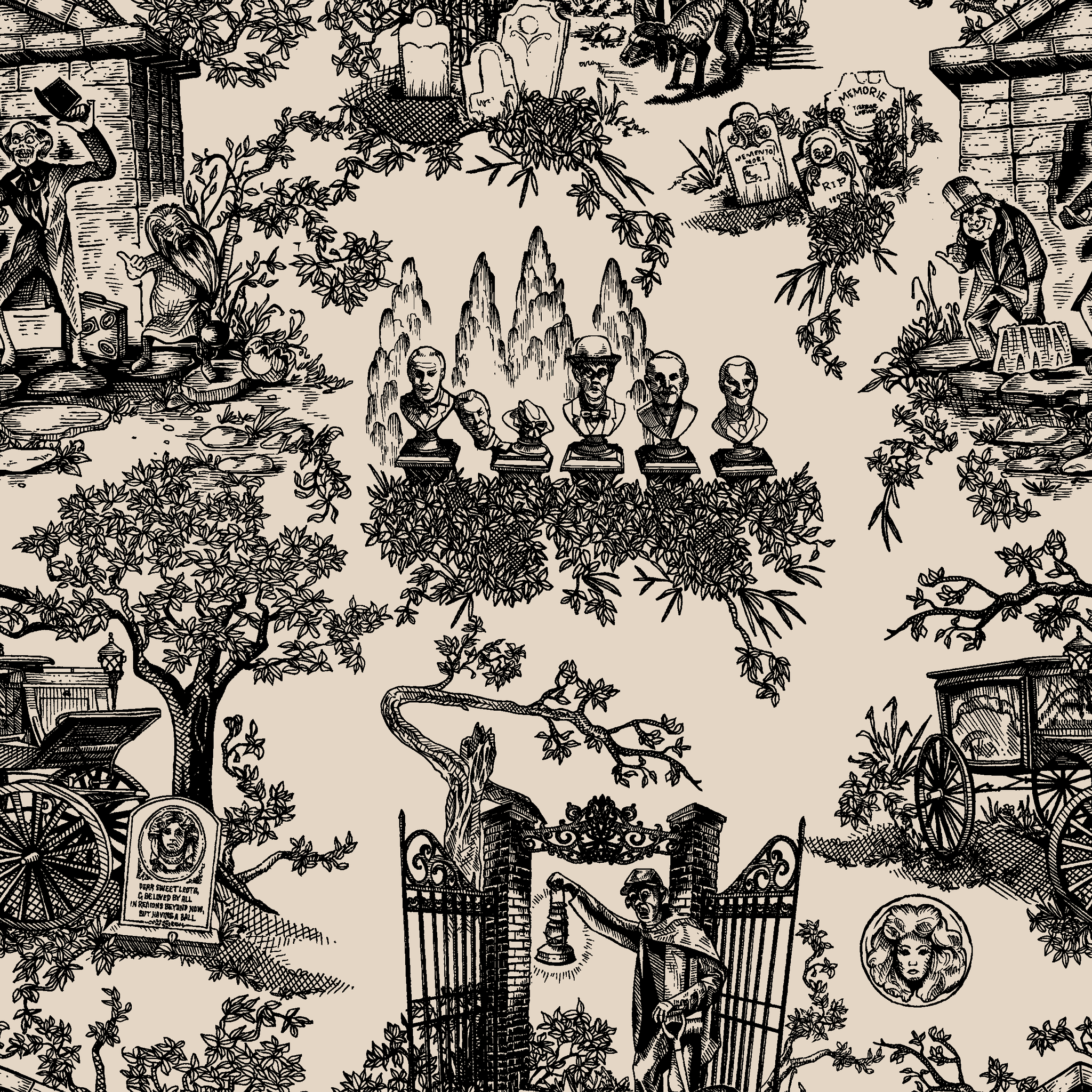 Black and white toile pattern with garden scenes, architectural elements, and decorative figures in a classical style tiled preview square