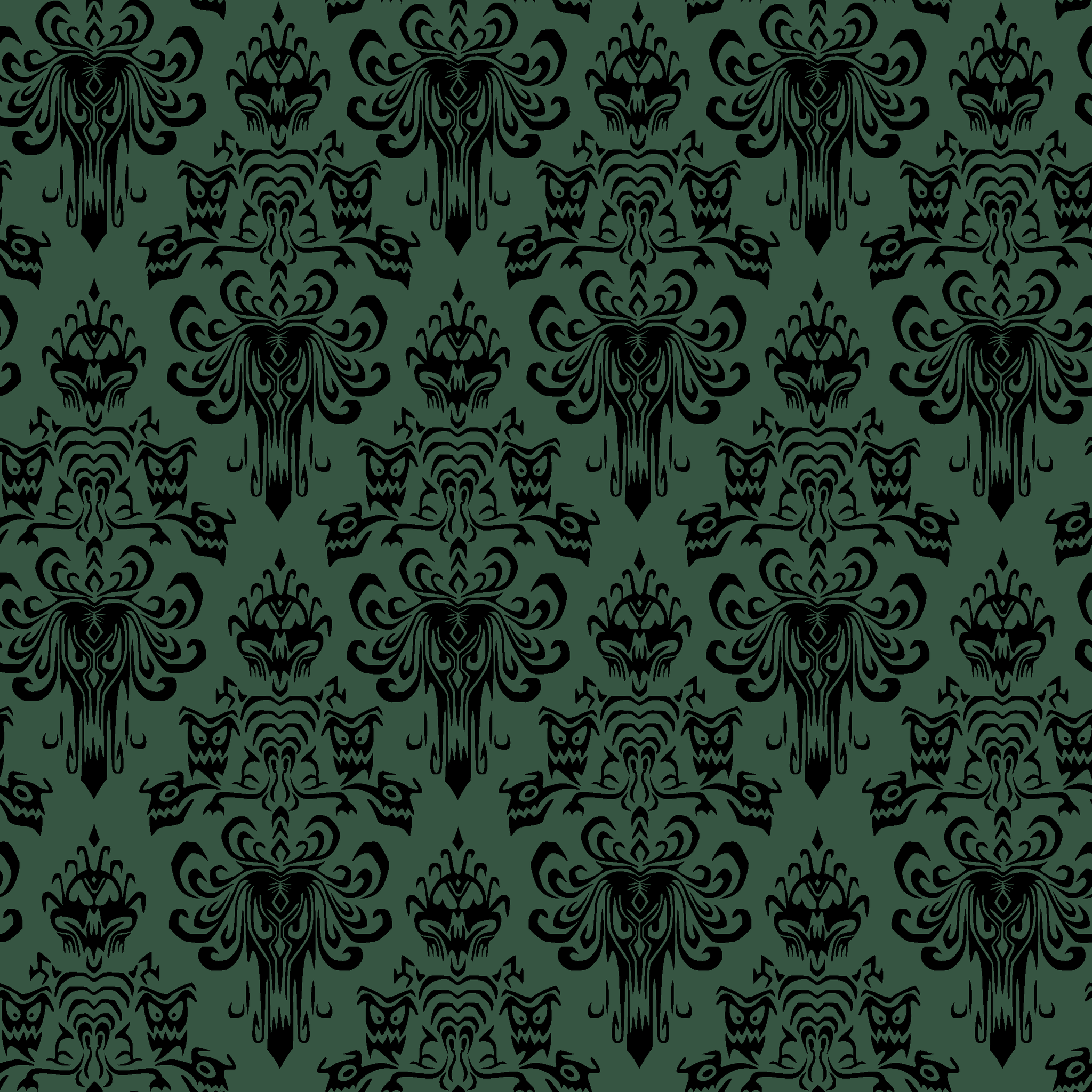 The image shows an elegant Victorian or Gothic-style damask pattern in black against a dark green background. The repeating ornate design features intricate scrollwork, flourishes, and symmetrical decorative elements arranged in a traditional wallpaper or textile pattern style. tiled preview square