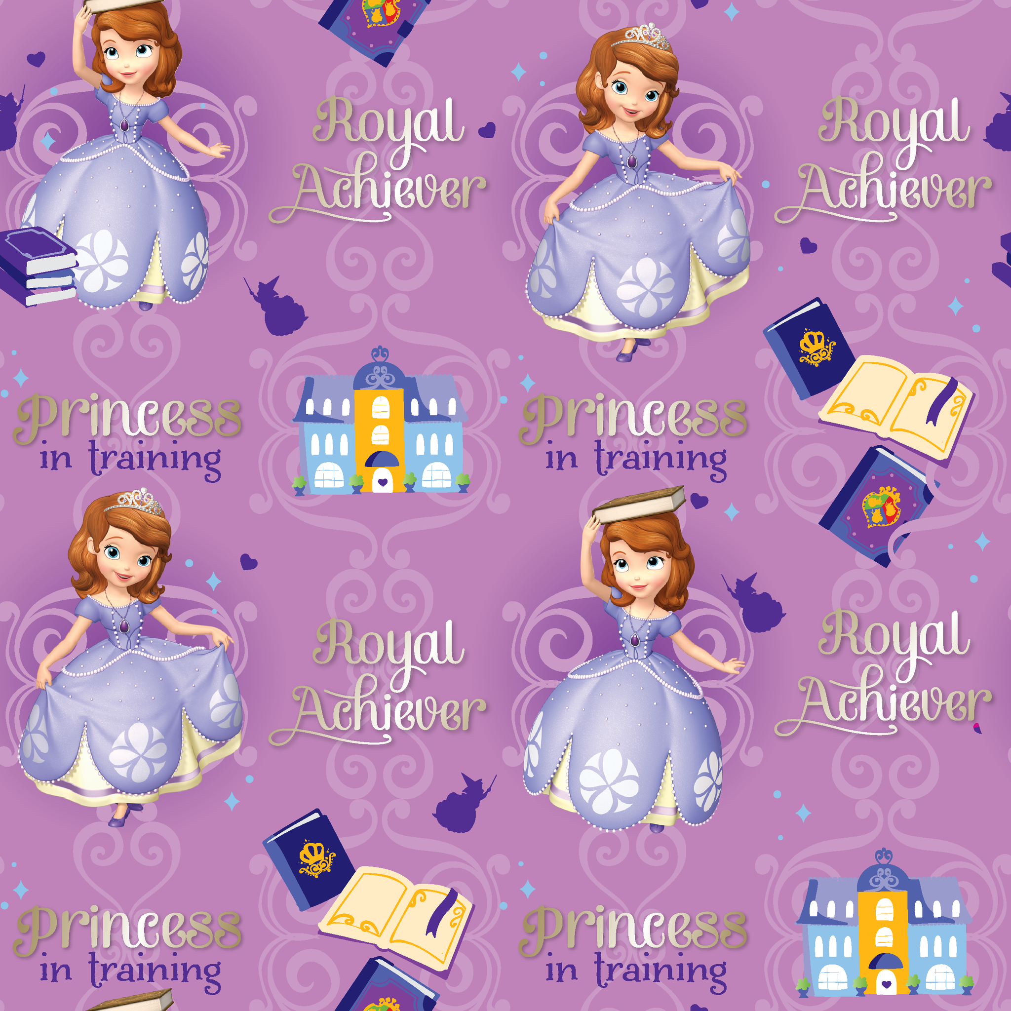 Princess Sofia pattern with "Royal Achiever" and "Princess in Training" text, purple background with castles and books tiled preview square
