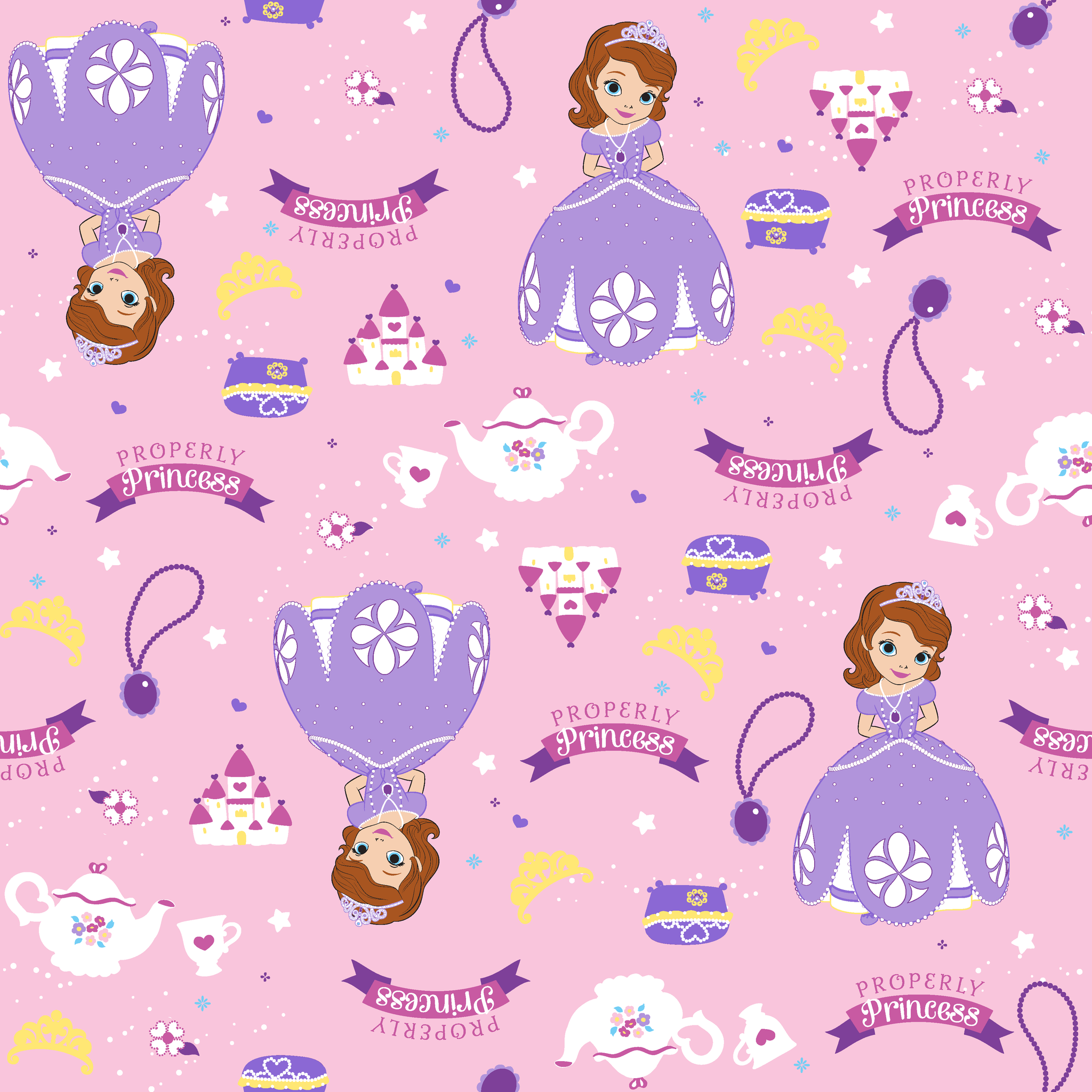 Princess-themed pattern with purple dresses, tiaras, teapots, and banners on pink background tiled preview square