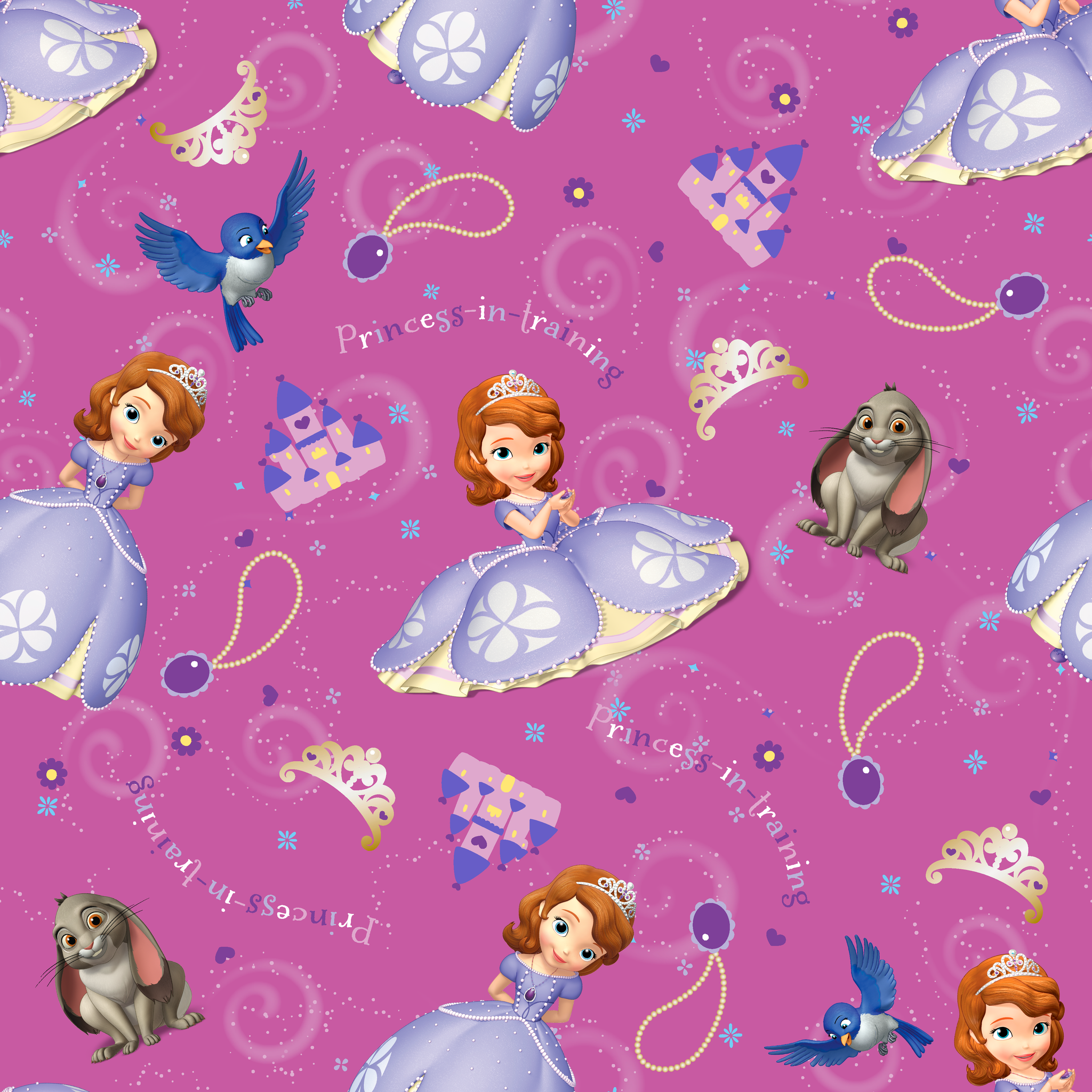Princess Sofia pattern with purple background, crowns, castles, rabbits, and blue birds scattered among swirling designs tiled preview square