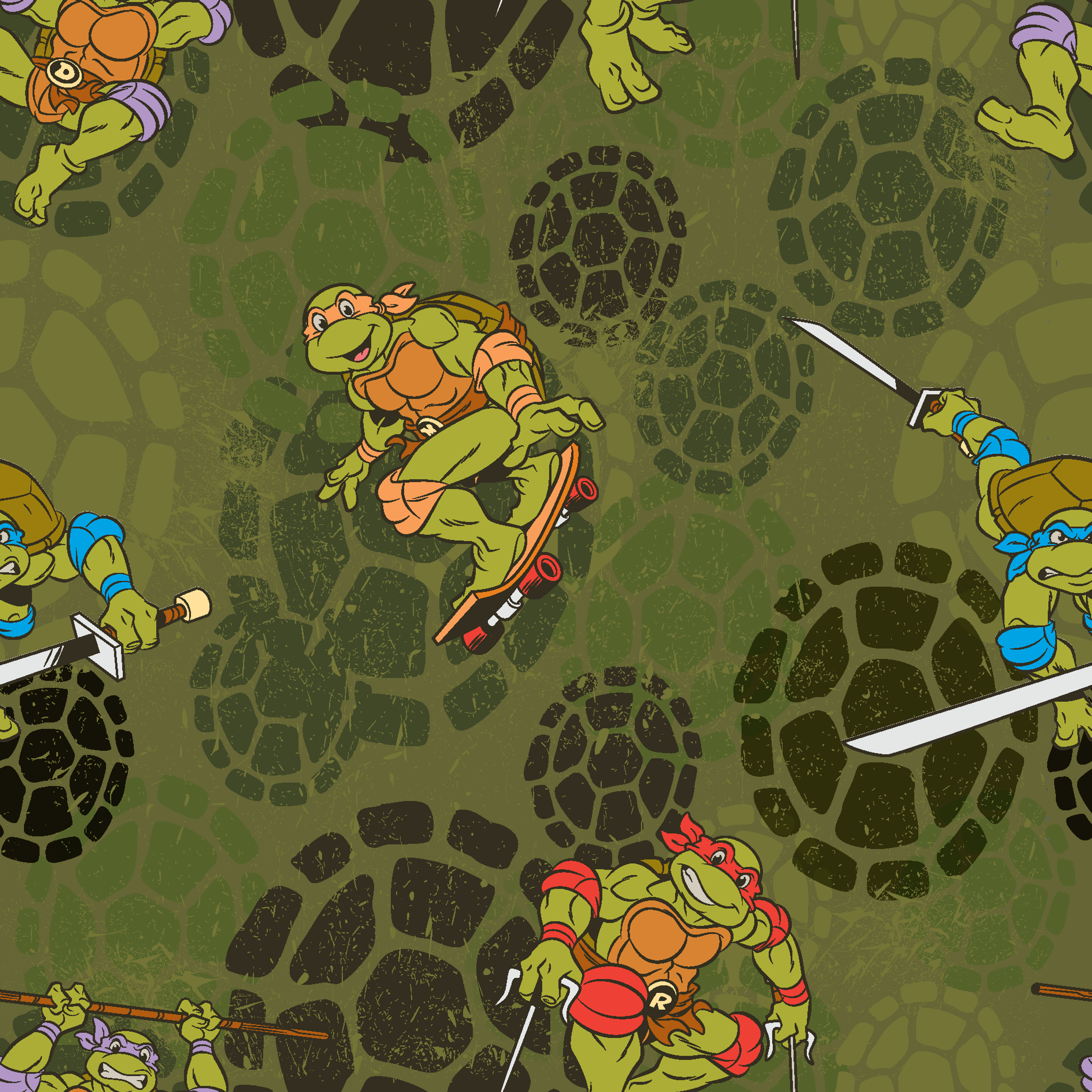 Teenage Mutant Ninja Turtles characters in action poses on green background with turtle shell patterns tiled preview square