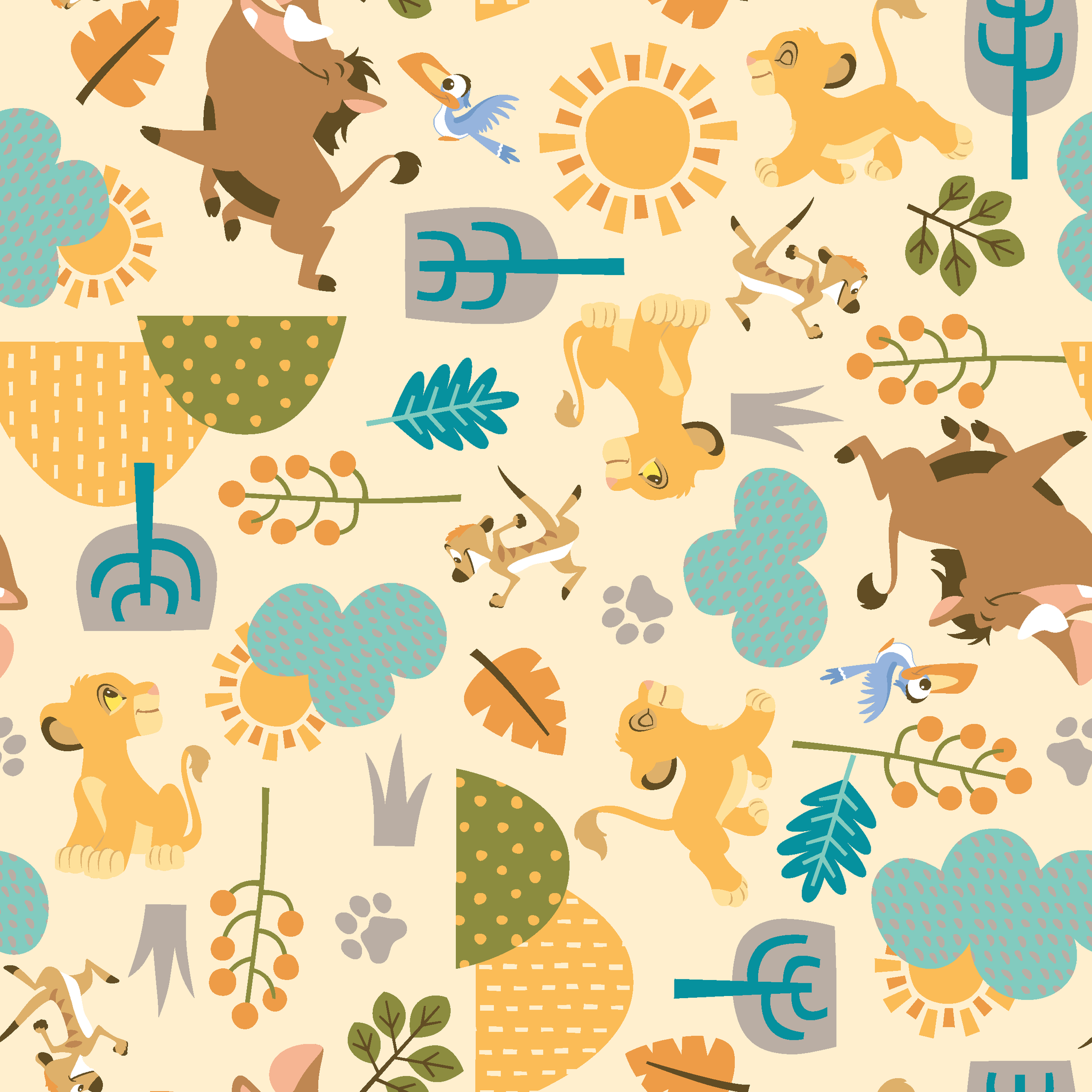 Playful Lion King pattern with brown bears, yellow puppies, blue clouds, stylized trees, and sun motifs on cream background tiled preview square