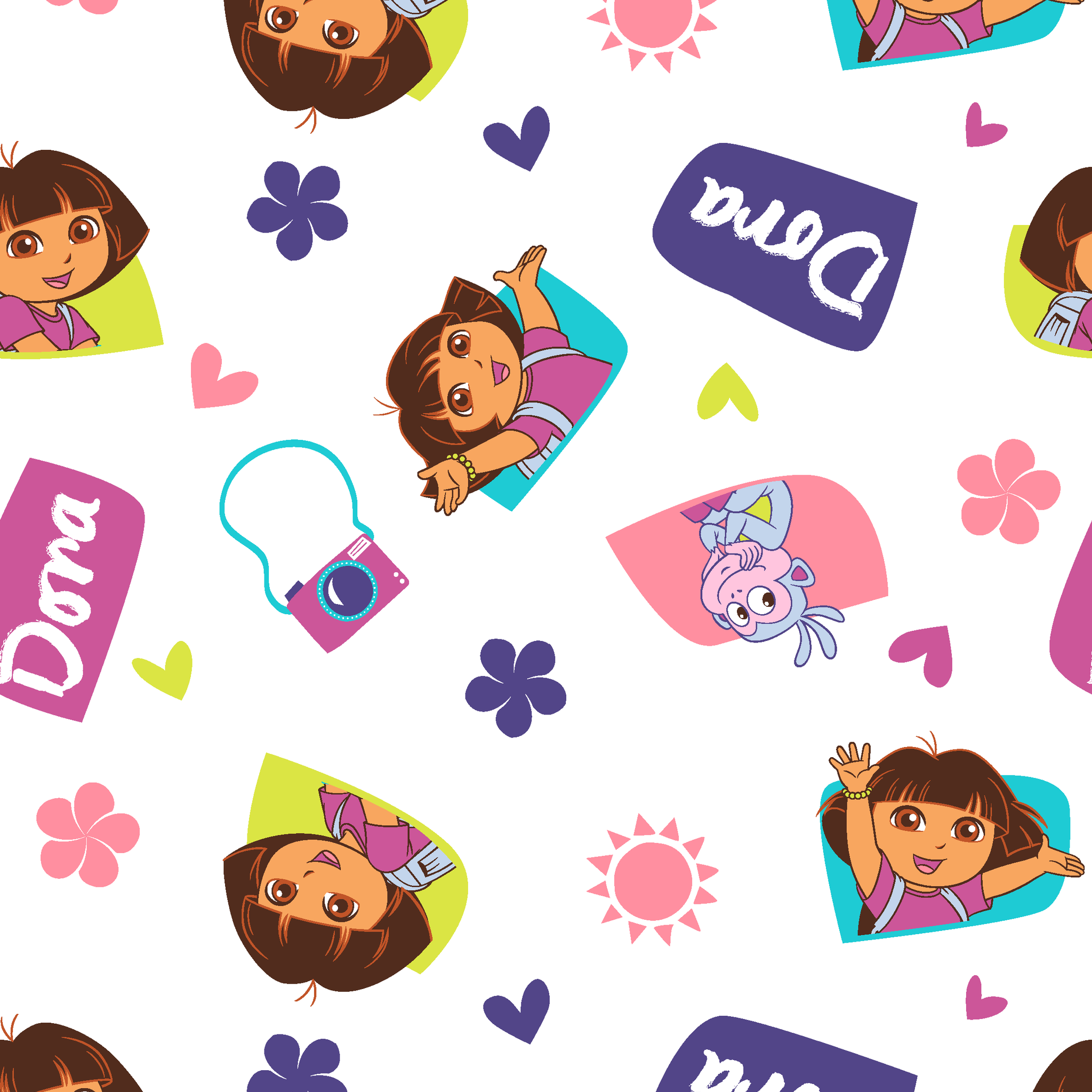 Cartoon pattern featuring Dora the Explorer characters, purple logos, pink hearts, and flowers on white background. tiled preview square