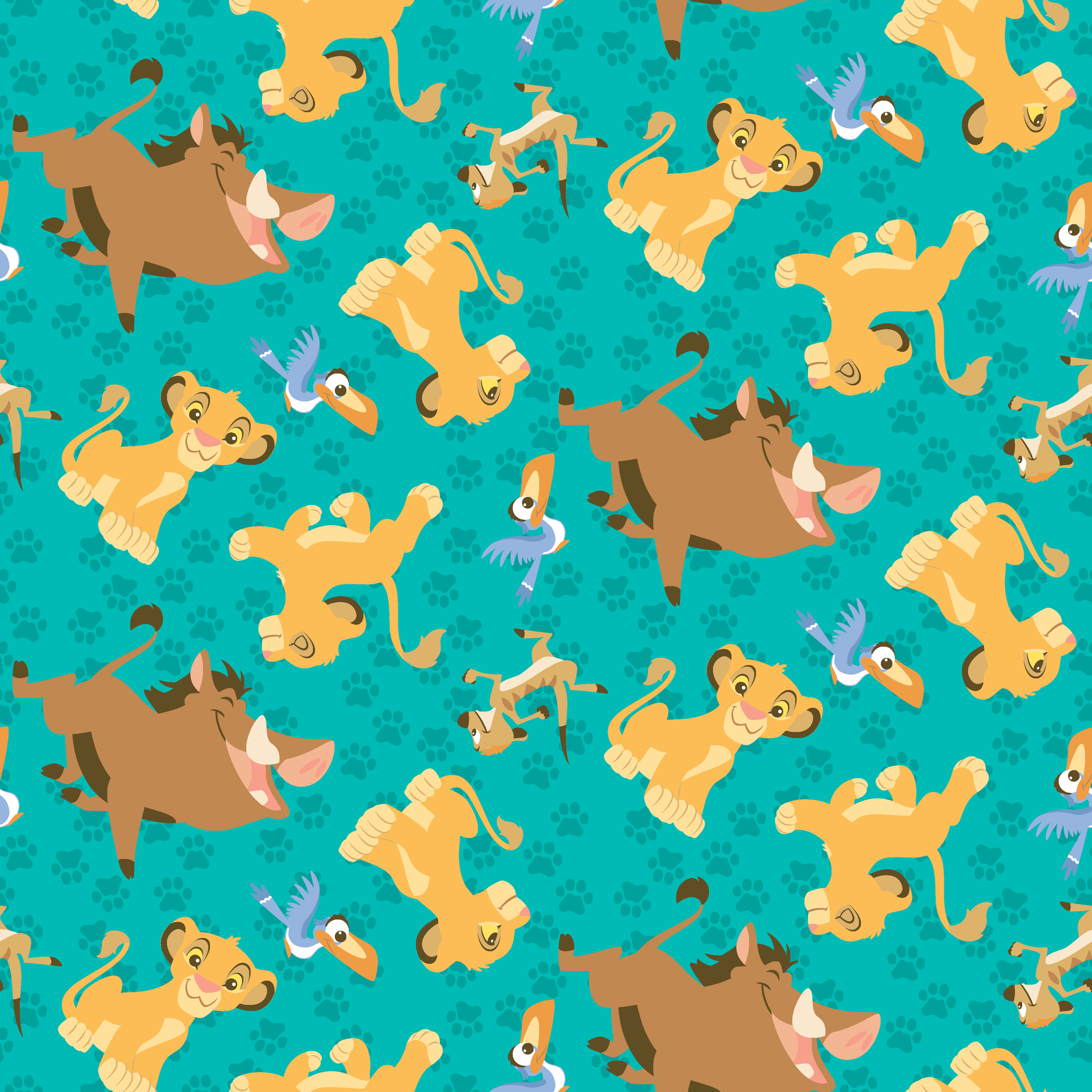 Cartoon Lion King characters pattern with Simba, Pumbaa and others on turquoise paw print background tiled preview square