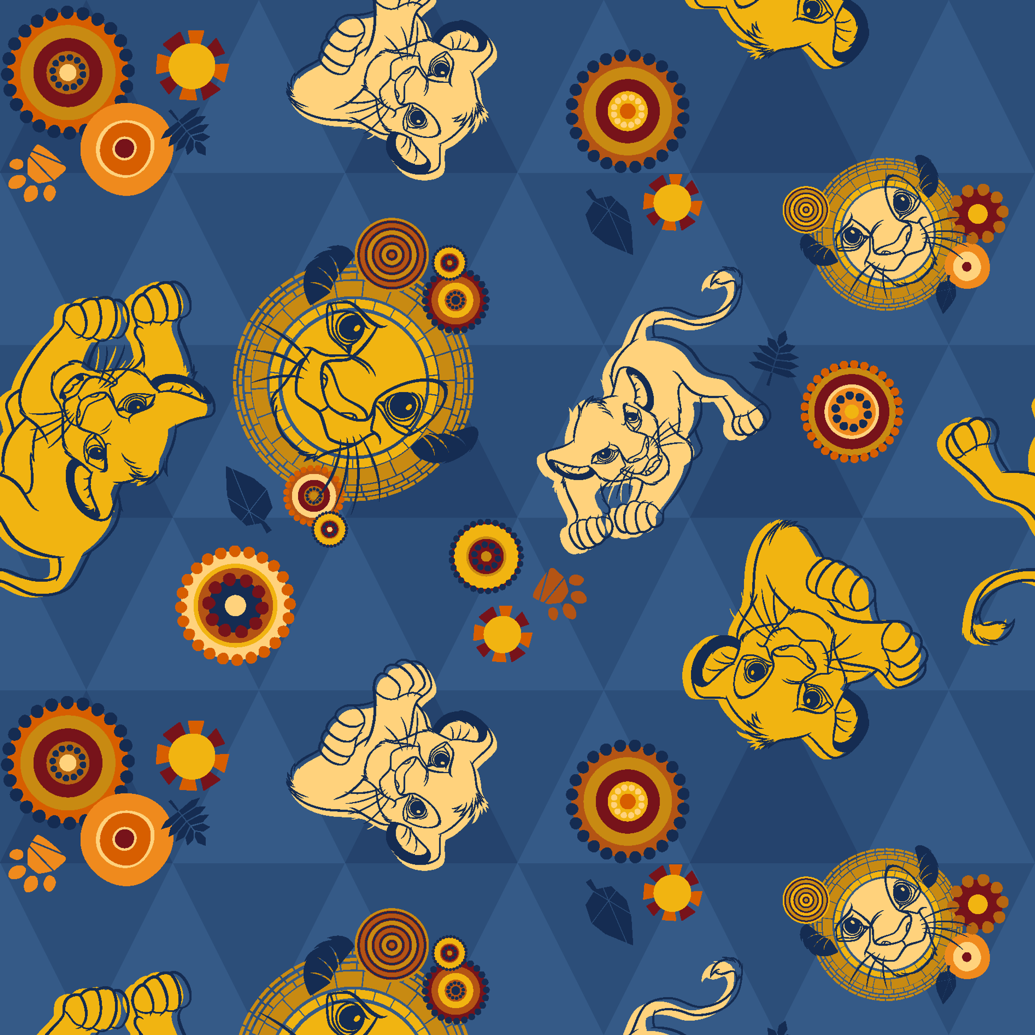Geometric pattern with yellow lion figures and circular designs on blue triangular background tiled preview square