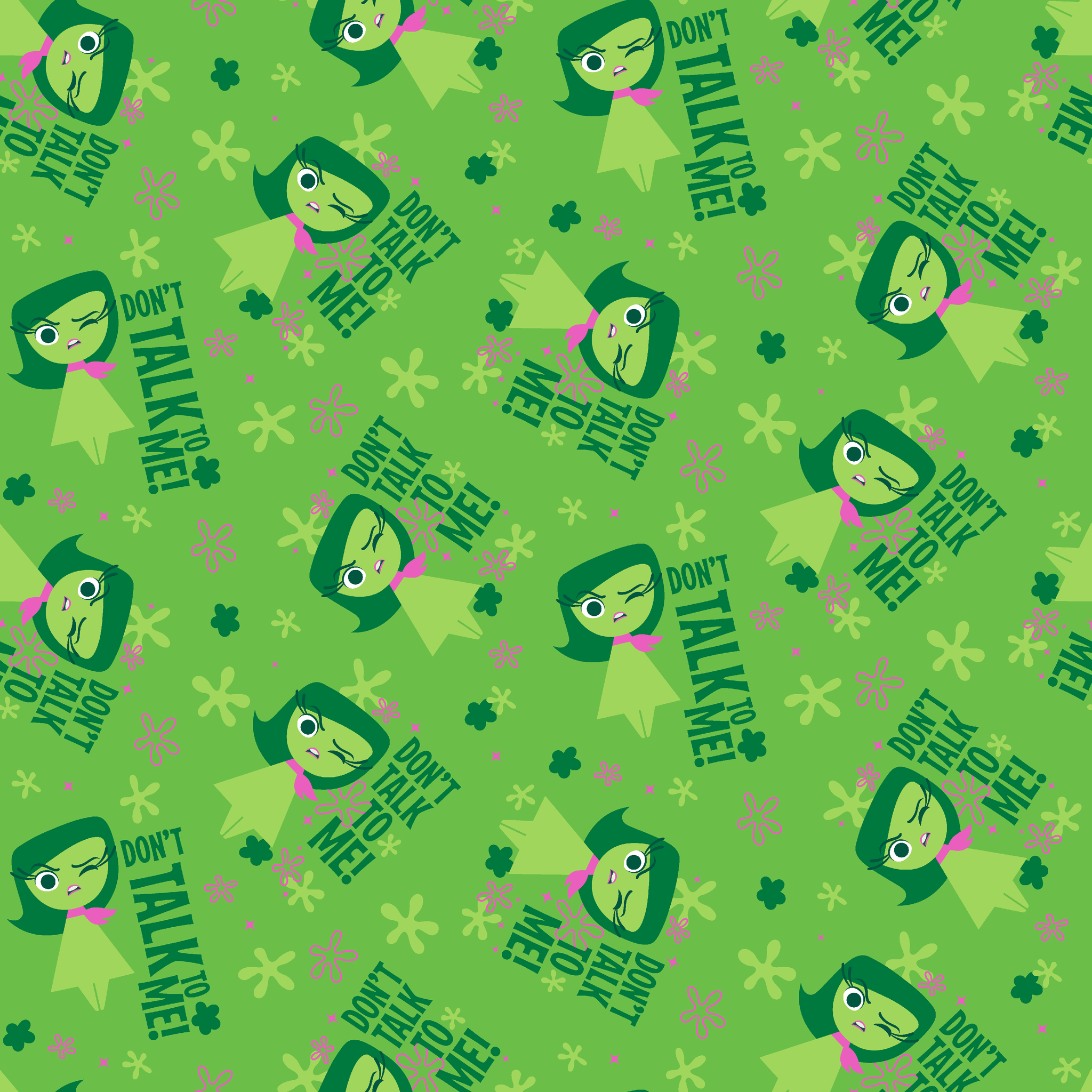 Green background with Disgust from Inside Out and "Don't Talk To Me" text, featuring stars and floral elements tiled preview square