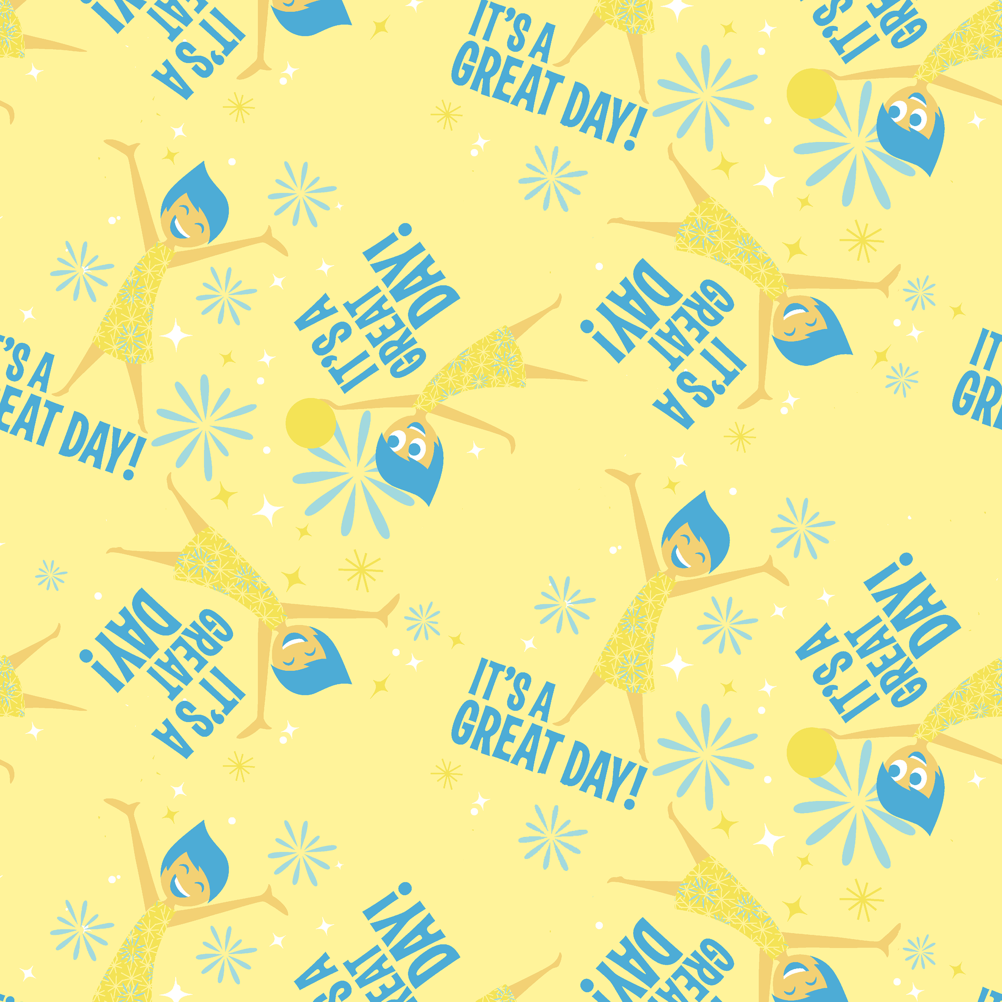 Cheerful Inside Out pattern with blue "IT'S A GREAT DAY!" text and decorative white accents tiled preview square