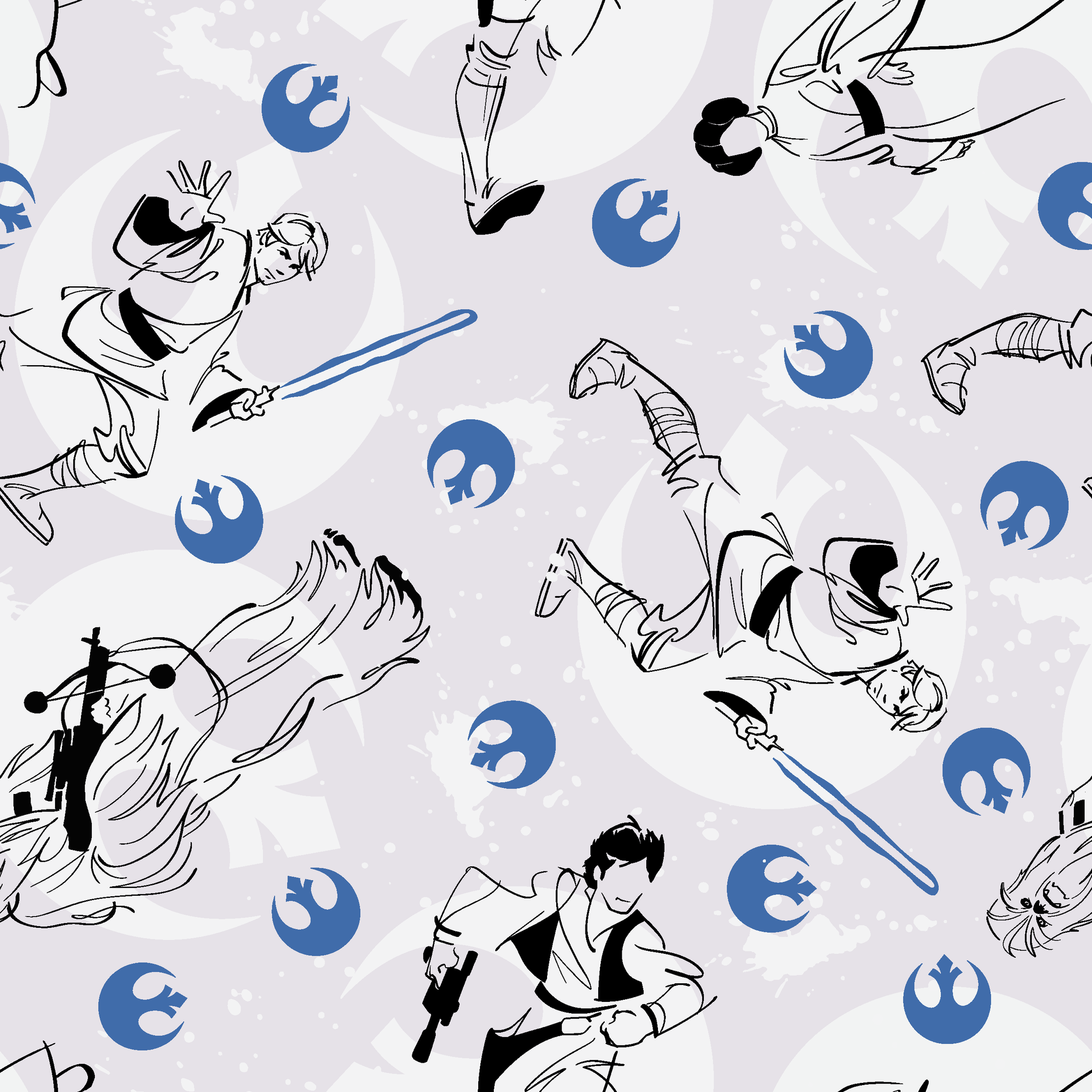 Star Wars characters with lightsabers pattern featuring Rebel Alliance logos on light background tiled preview square