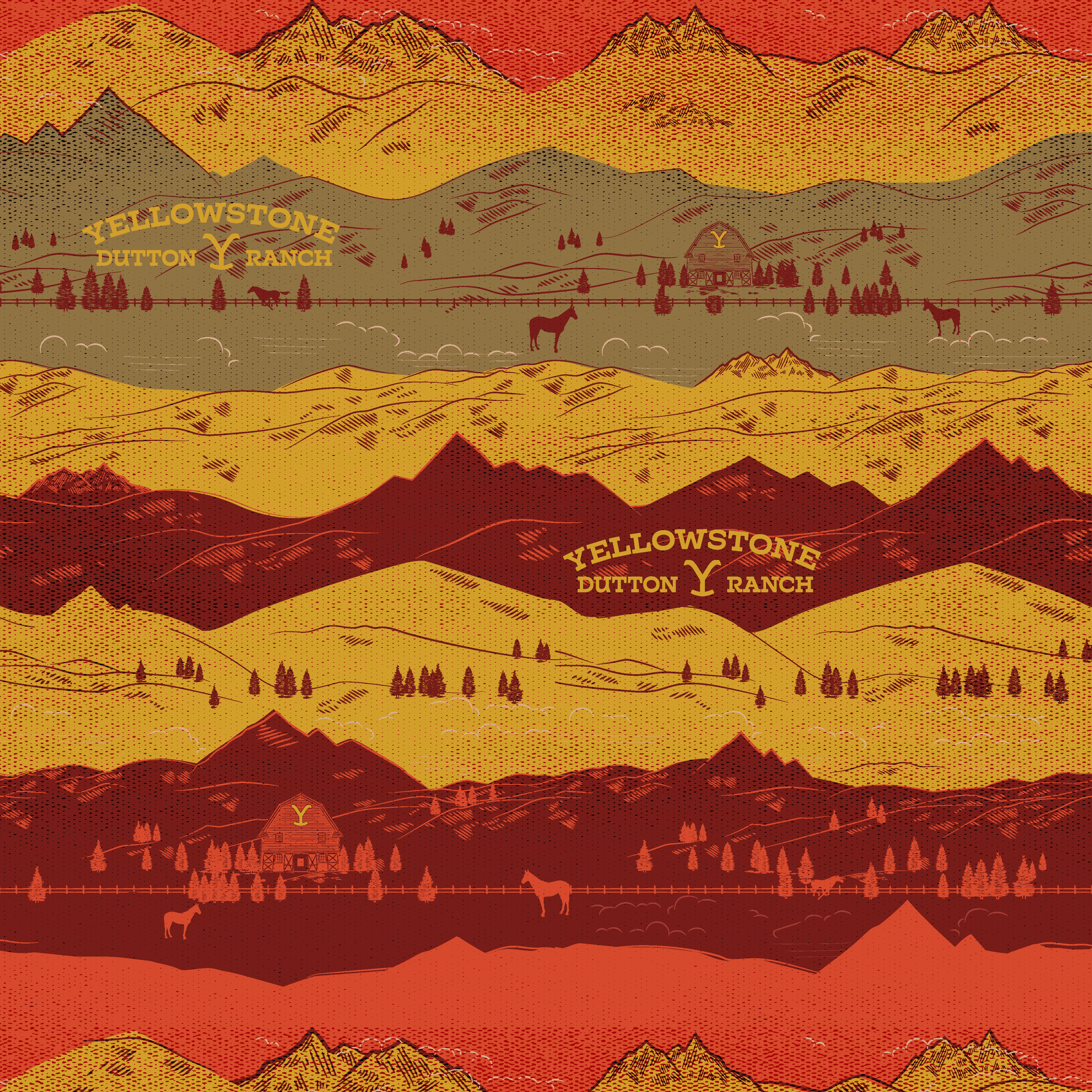 Layered mountain landscape in red, gold, and brown with "Yellowstone Cotton Ranch" text and silhouetted trees and wildlife. tiled preview square