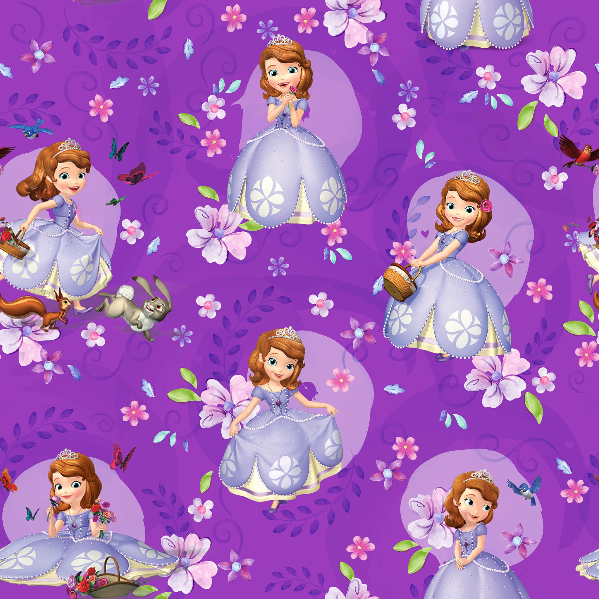 Purple background with repeating pattern of Sofia character in lavender dress surrounded by pink flowers and circular accents tiled preview square