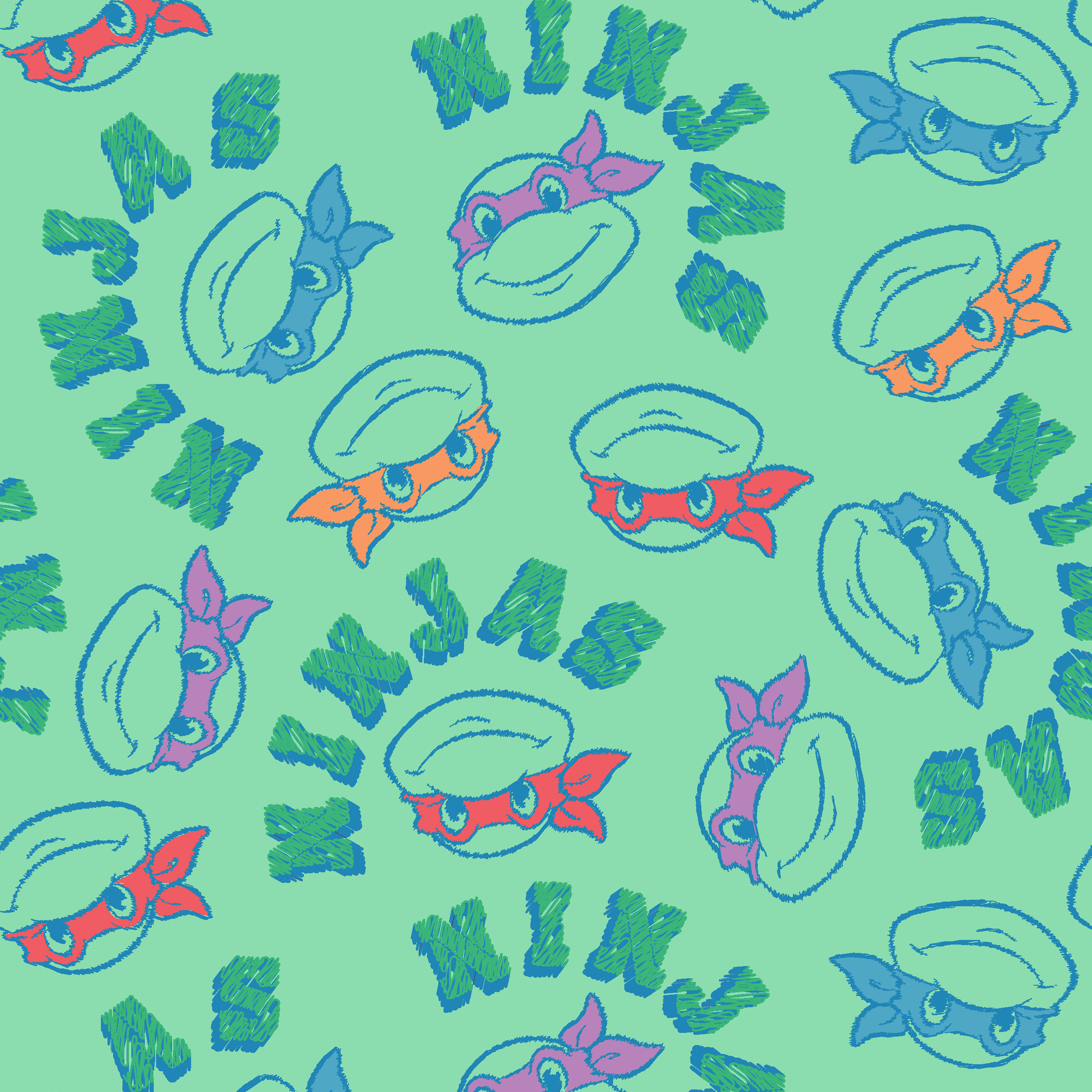 Pattern of Teenage Mutant Ninja Turtles with colored masks in blue, red, and purple on mint green background tiled preview square