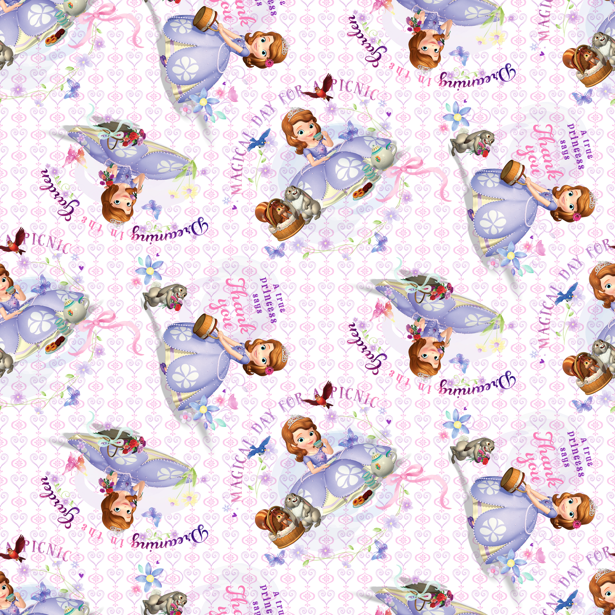 Disney Sofia the First Princess-themed pattern with characters in purple dresses, crowns, and the text "Beautiful Princess" on light purple background tiled preview square