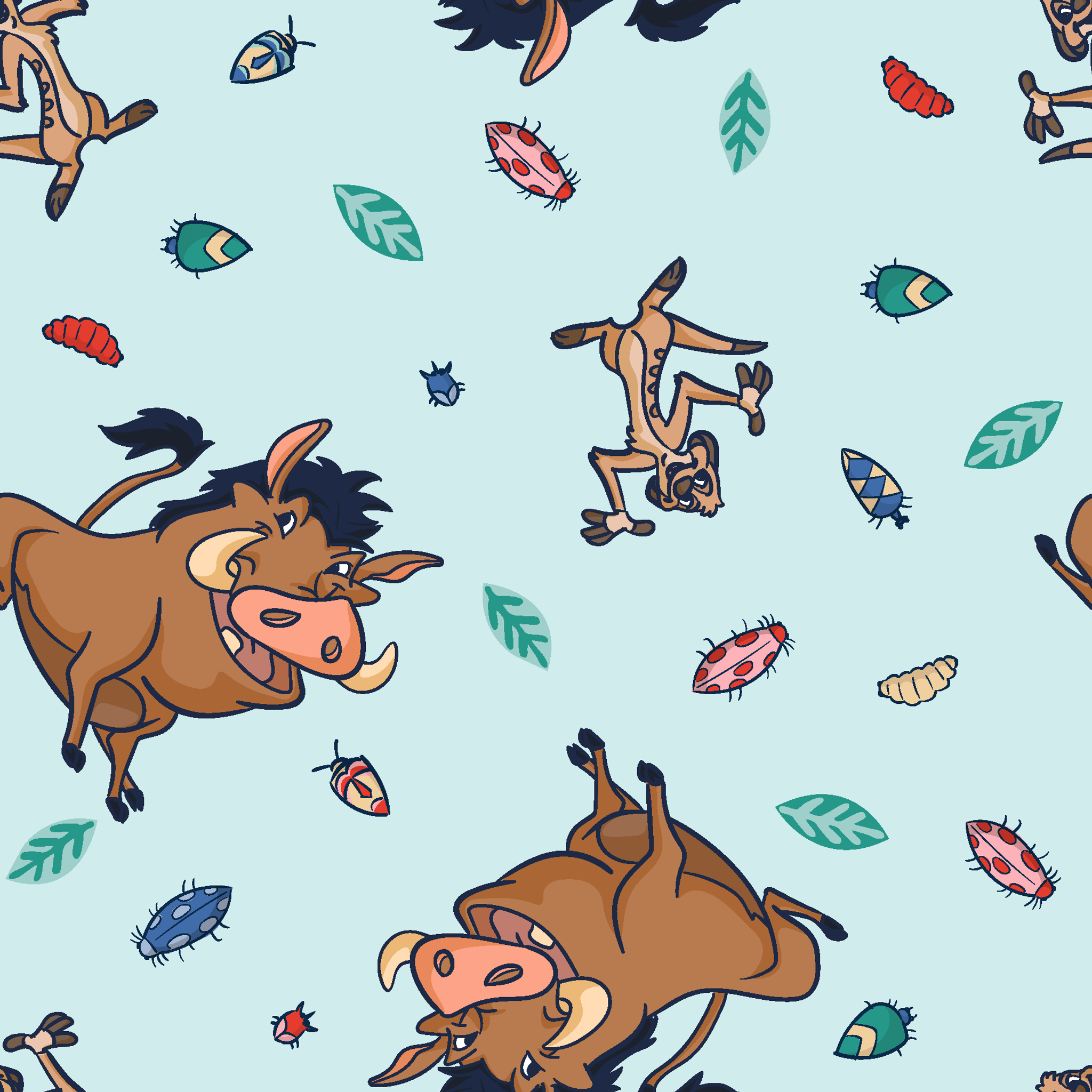 Lion King characters and colorful leaves scattered on light blue background in playful pattern tiled preview square