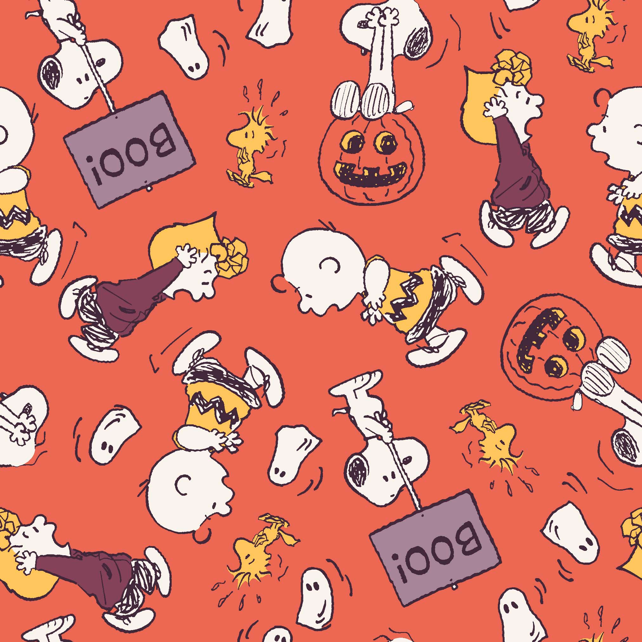 Snoopy and Woodstock Halloween pattern on orange background with pumpkins, ghosts, and "boo" text tiled preview square