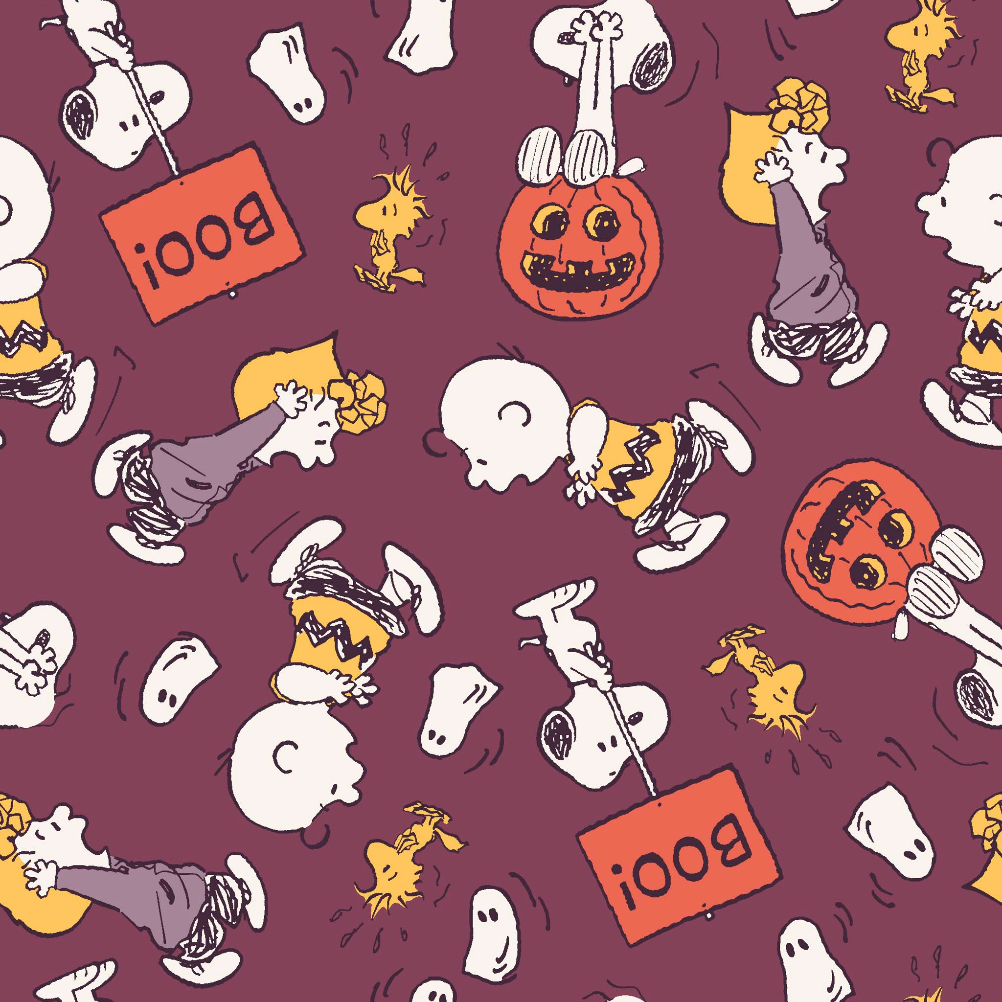 Snoopy and Woodstock Halloween pattern on purple background with pumpkins, ghosts, and "boo!" text tiled preview square