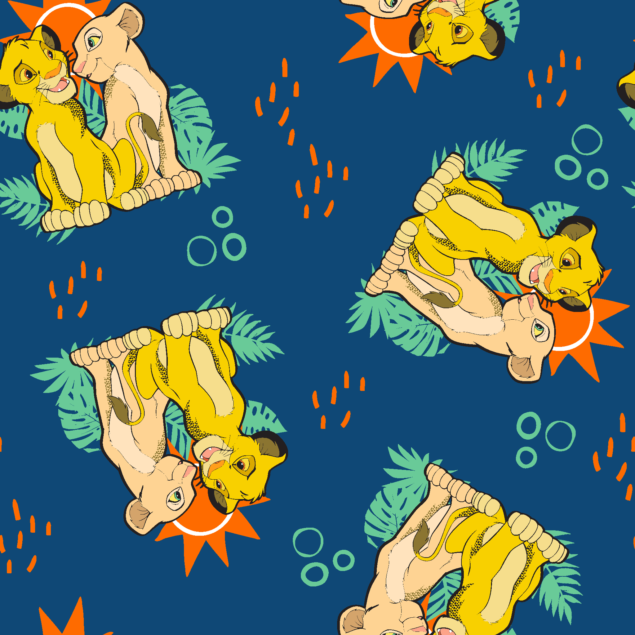 Yellow cartoon lions and pale yellow animals on teal background with tropical leaves, orange sun shapes and bubbles. tiled preview square