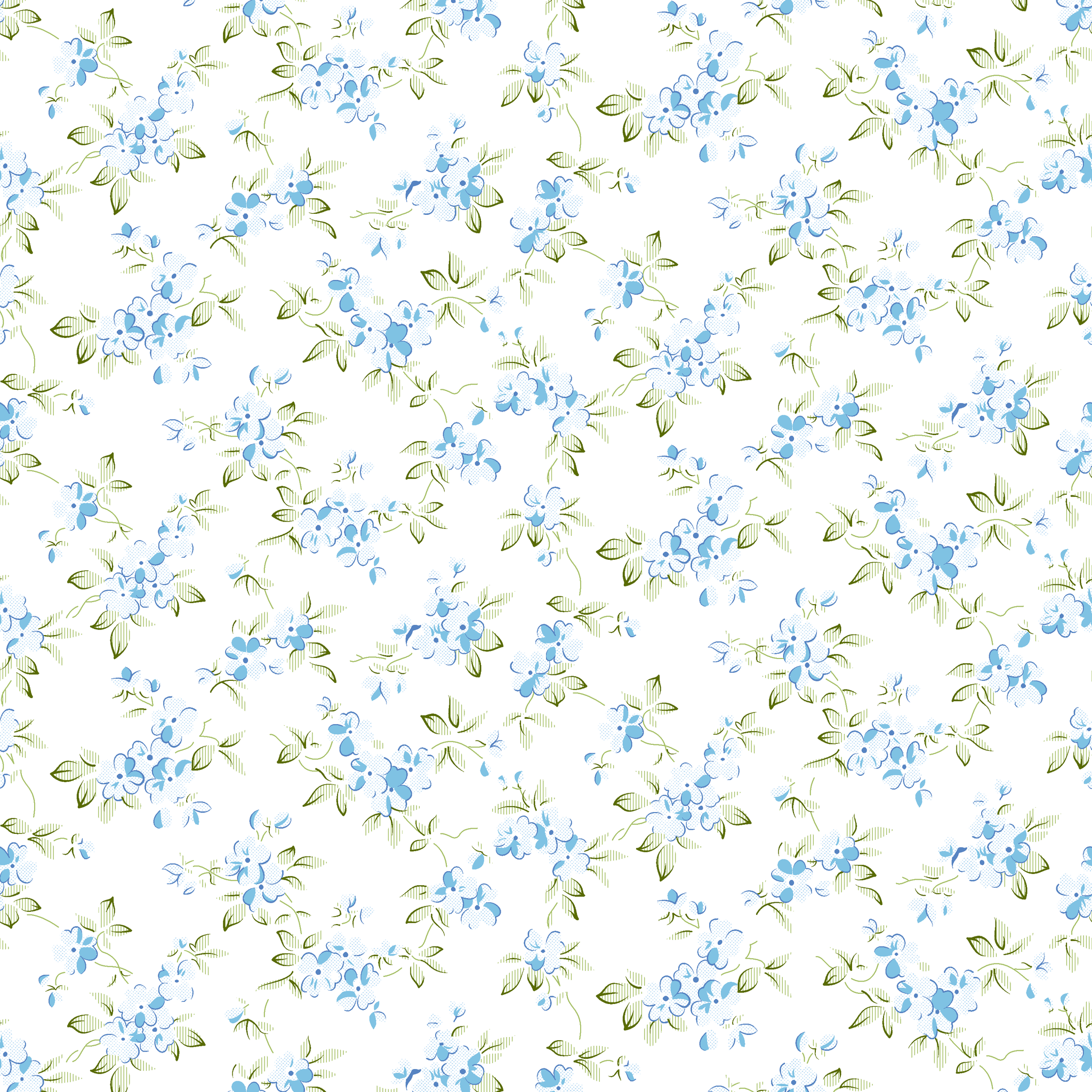 Delicate blue floral pattern with small scattered flowers and green leaves on white background tiled preview square