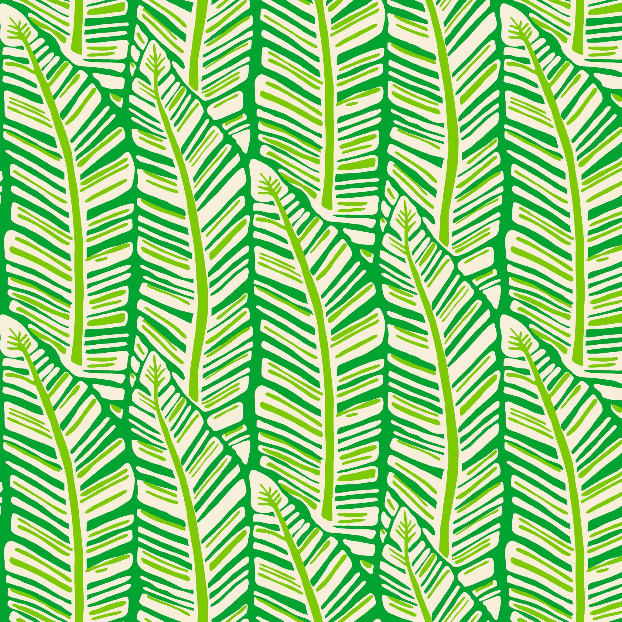 Tropical green palm frond pattern with overlapping leaves in various shades of green and yellow tiled preview square