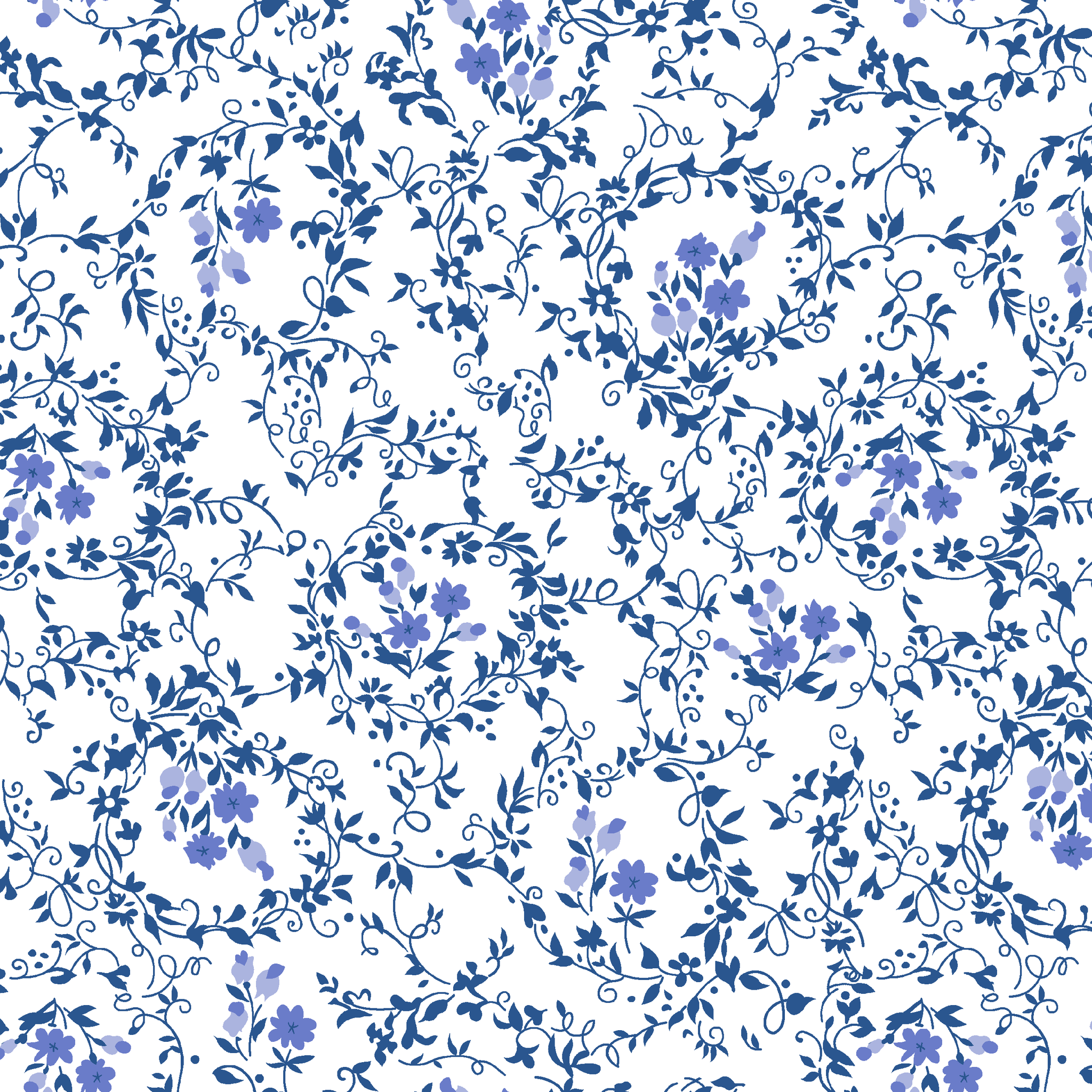 Blue floral motifs interspersed with scroll-like vines on a white background, creating a dense, patterned design. tiled preview square