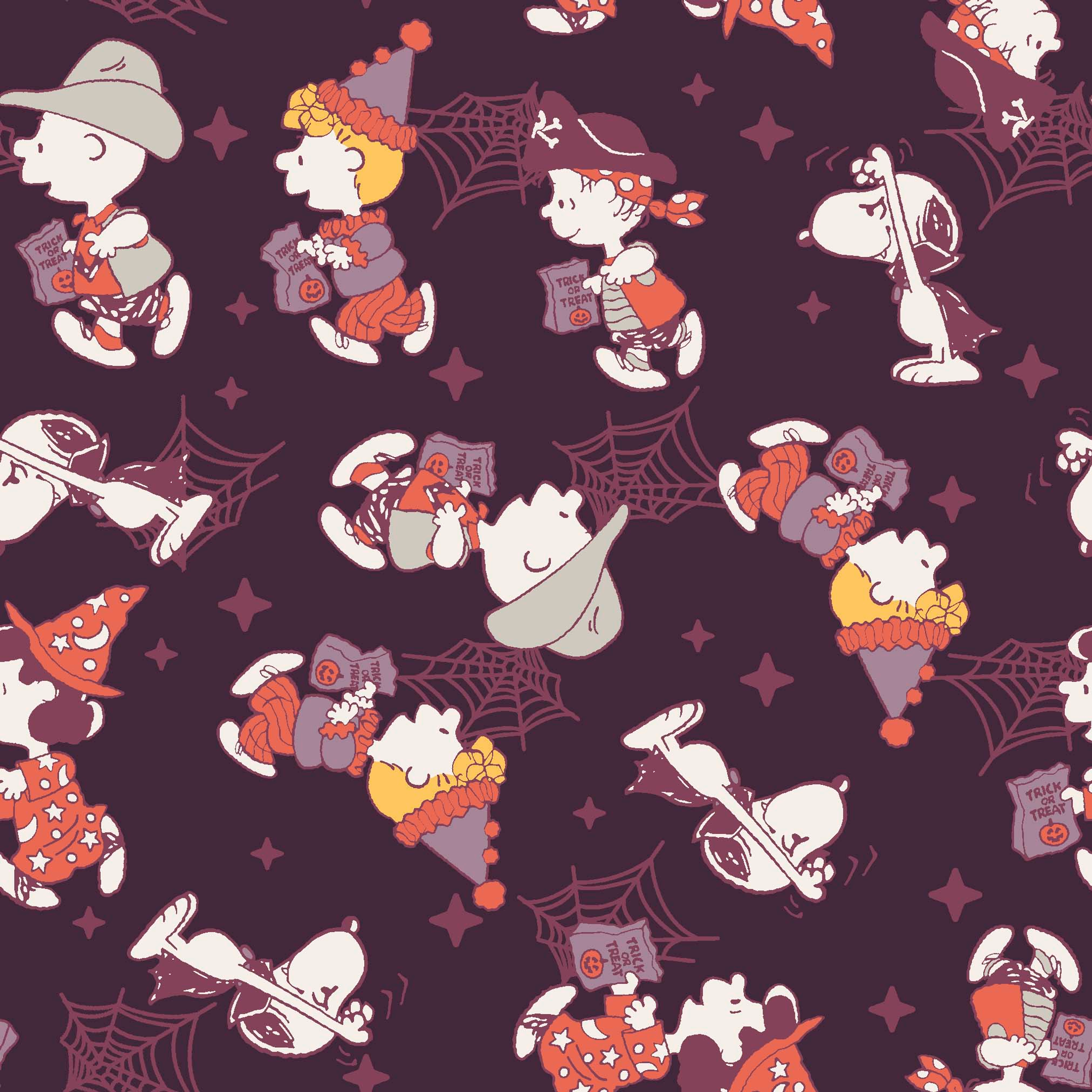 Snoopy and Peanuts characters in Halloween costumes scattered on dark purple background tiled preview square