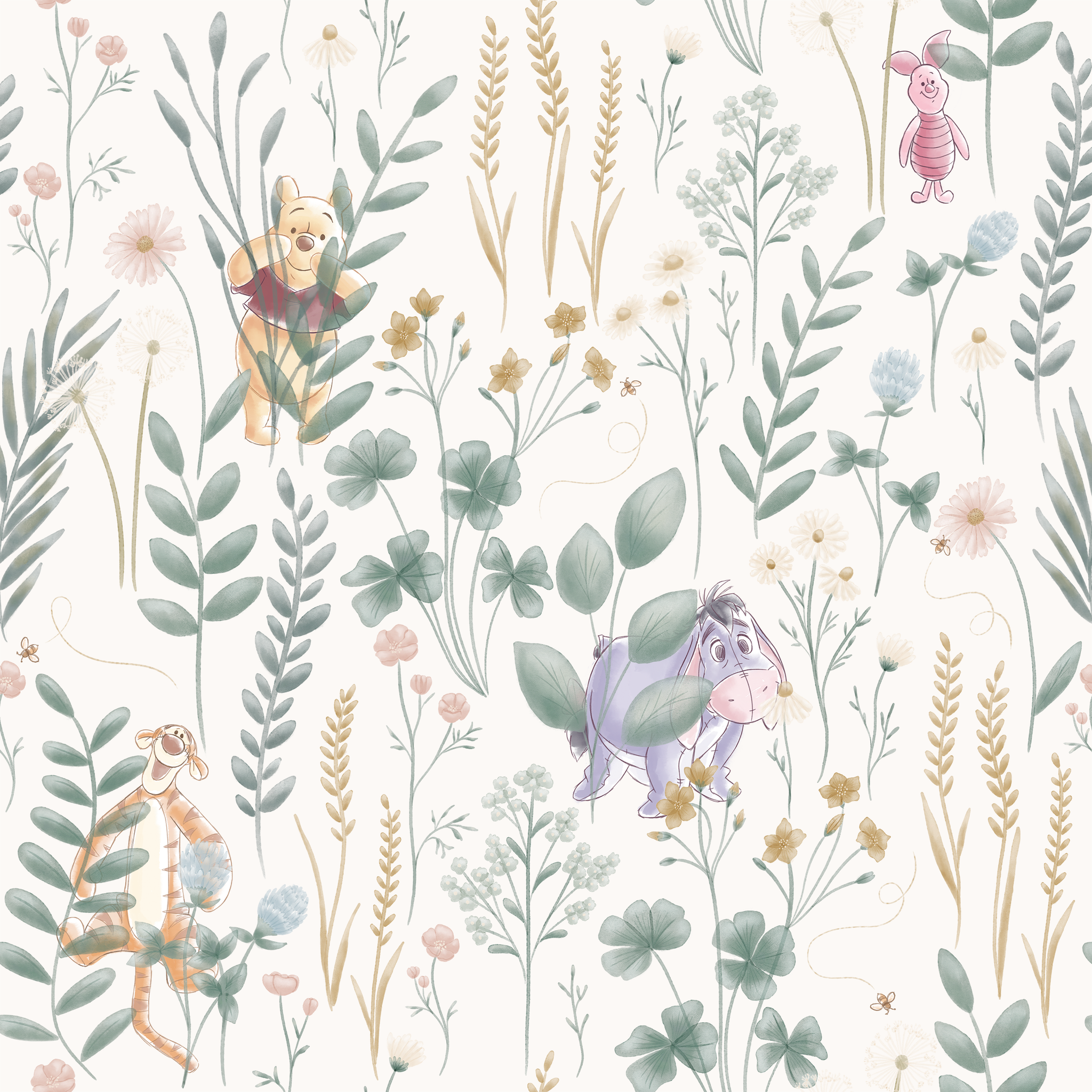 Whimsical botanical pattern with colorful teddy bears and creatures among green plants and flowers tiled preview square