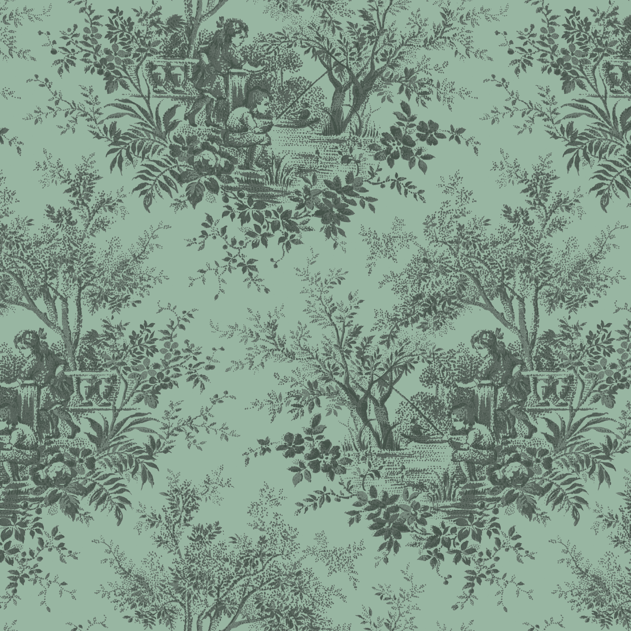 Patterned design featuring scenes of figures near trees, in dark gray on a soft mint green background. tiled preview square