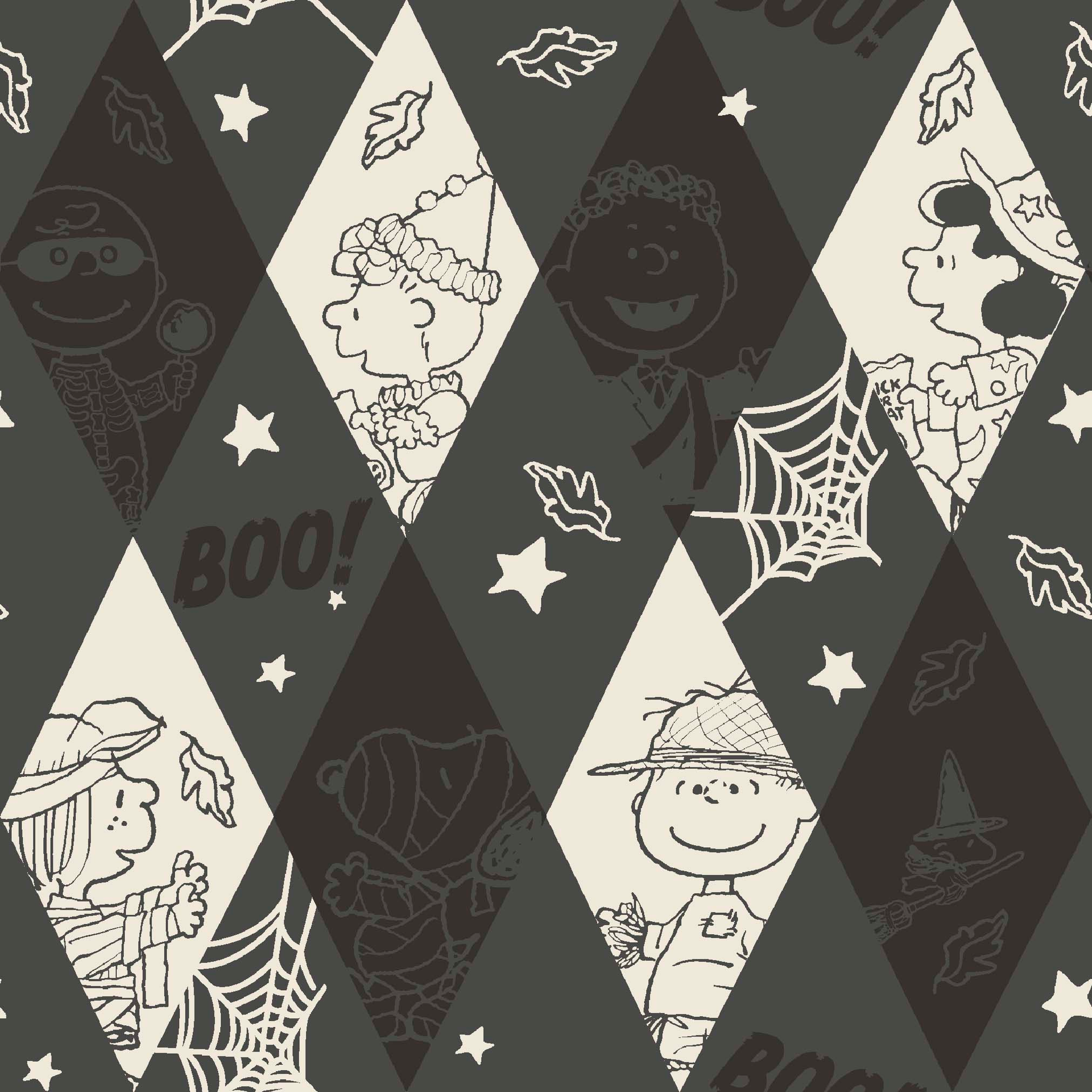 Diamond pattern with Peanuts characters and Halloween motifs in black and cream, featuring spider webs, stars, and "BOO!" text. tiled preview square