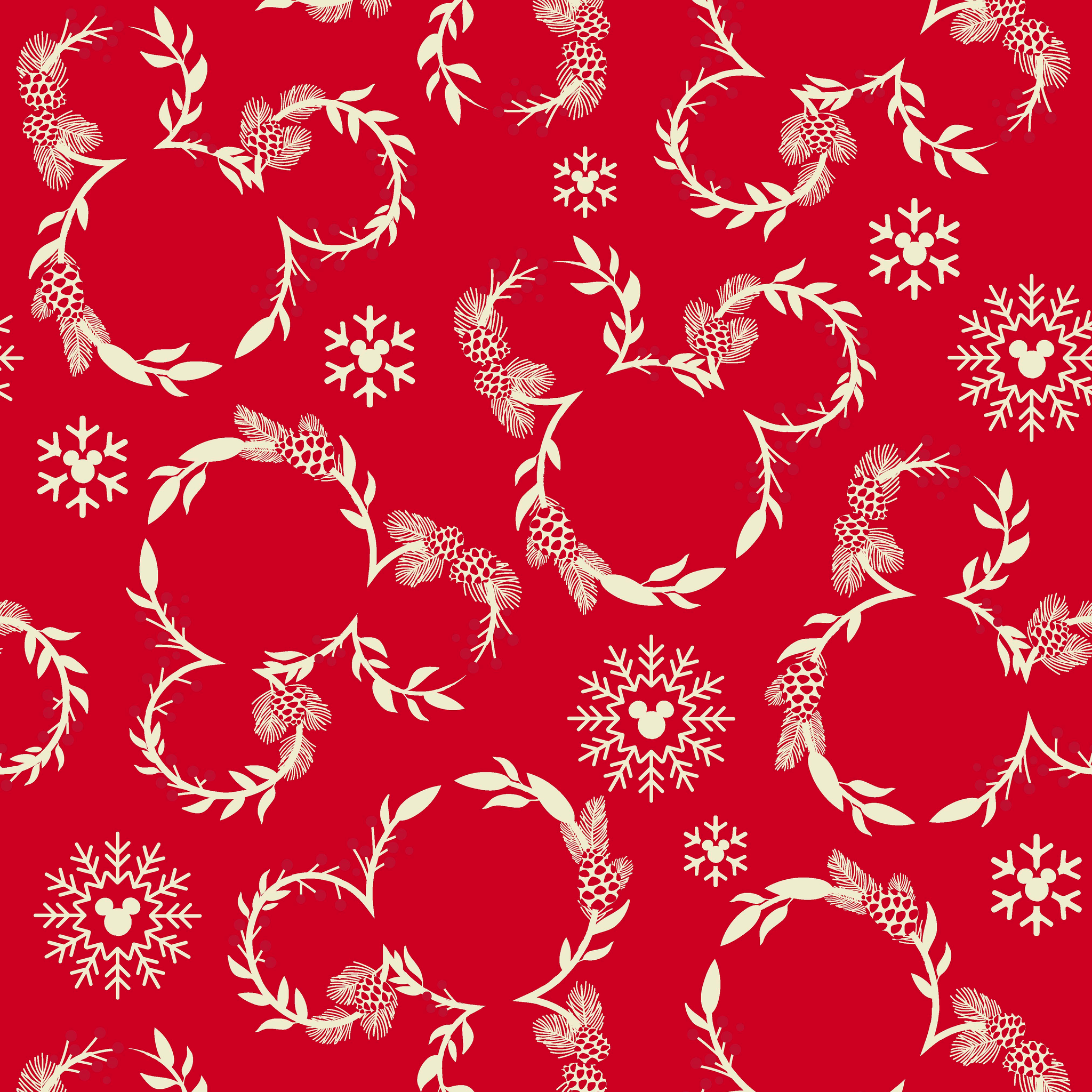 Festive red background with white floral wreaths, pine cones, and snowflake patterns tiled preview square